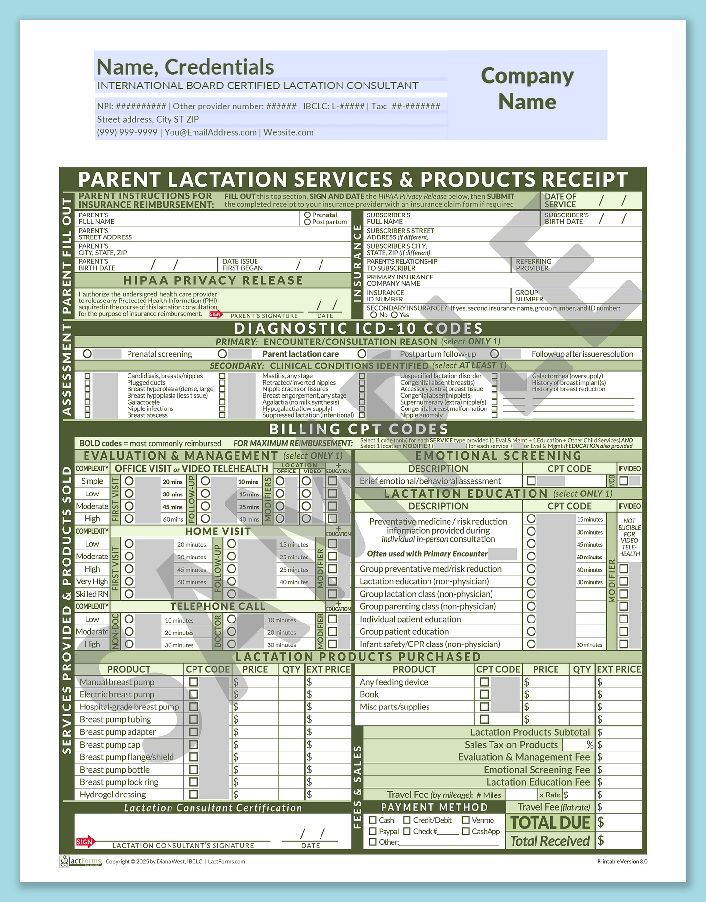 Parent Superbill—OfficePrintable, HeaderCompany before editing, Green, V8.0