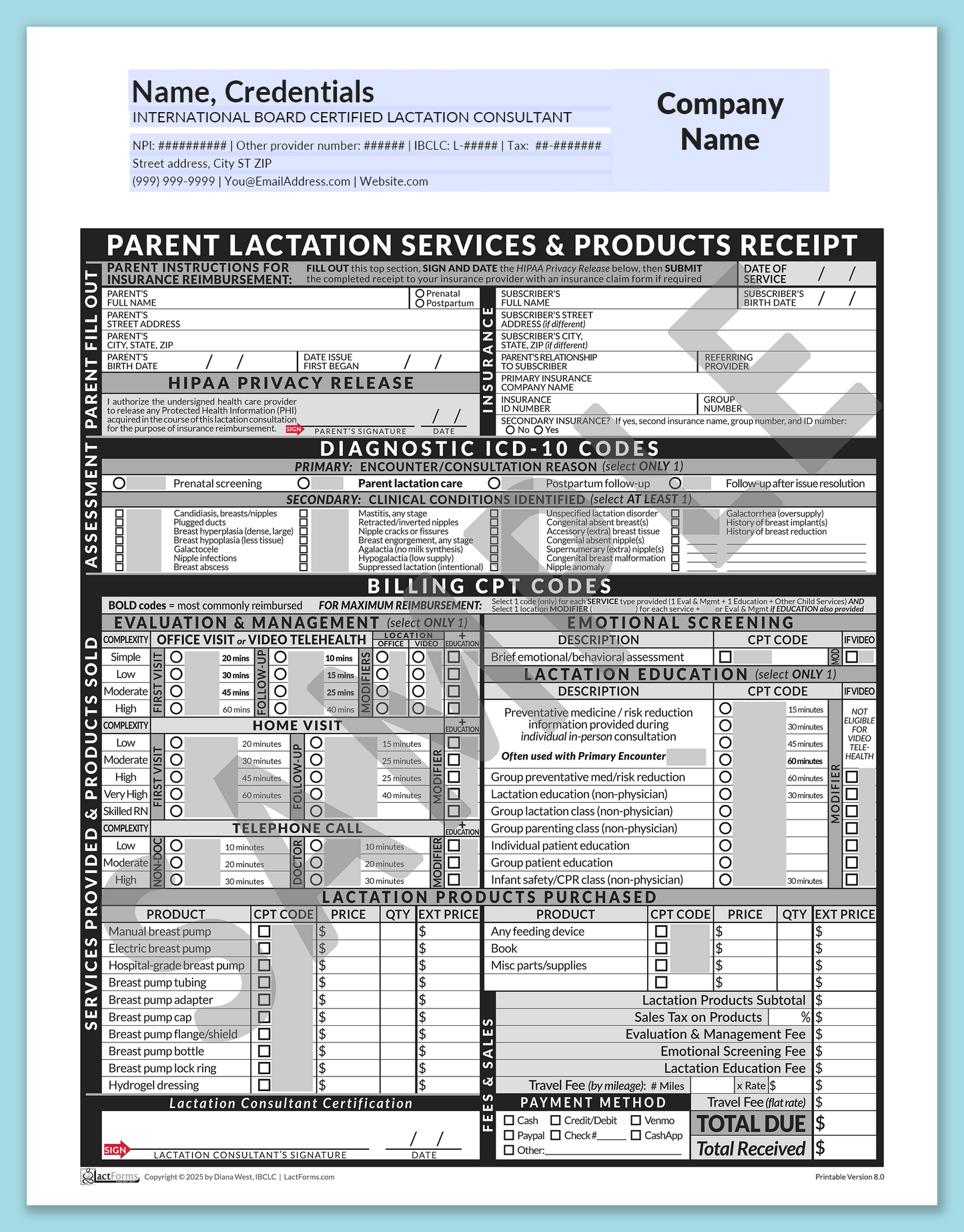 Parent Superbill—OfficePrintable, HeaderCompany before editing, Grey, V8.0