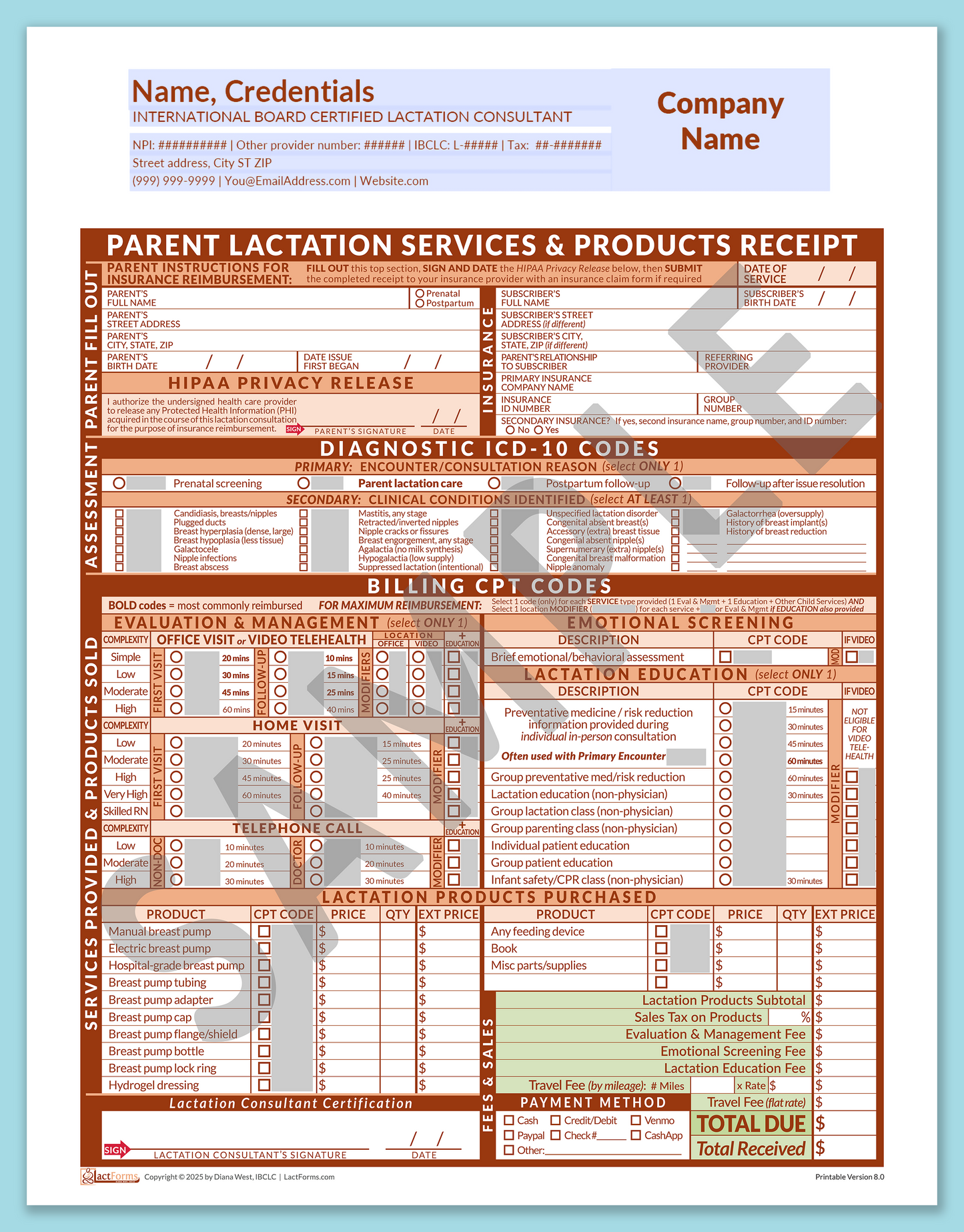 Parent Superbill—OfficePrintable, HeaderCompany before editing, Orange, V8.0