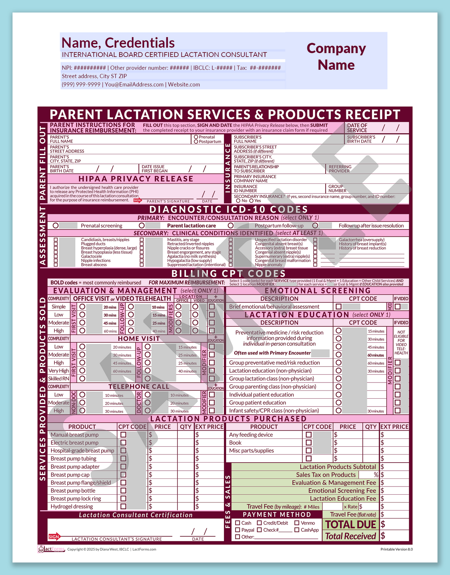 Parent Superbill—OfficePrintable, HeaderCompany before editing, Pink, V8.0