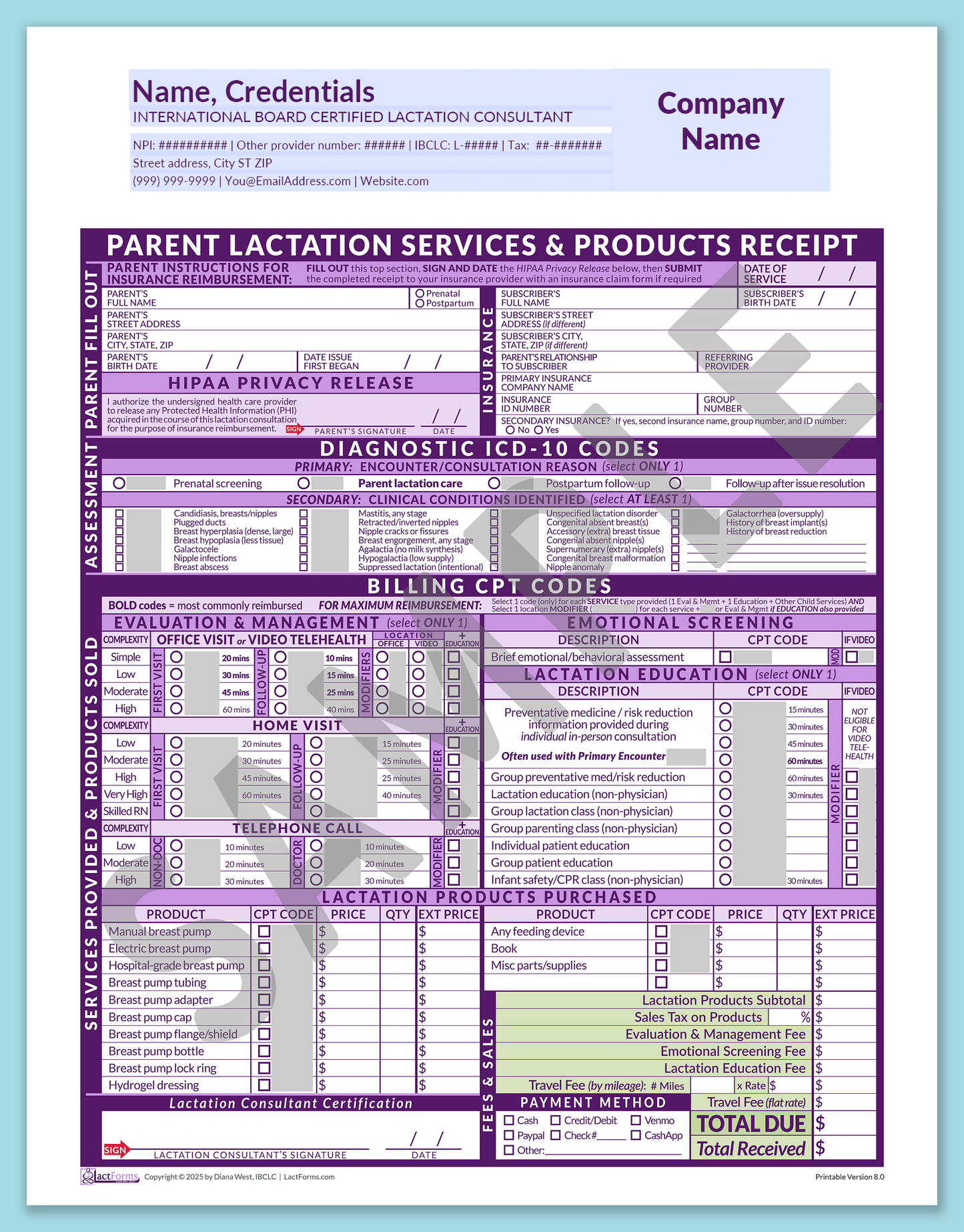 Parent Superbill—OfficePrintable, HeaderCompany before editing, Purple, V8.0