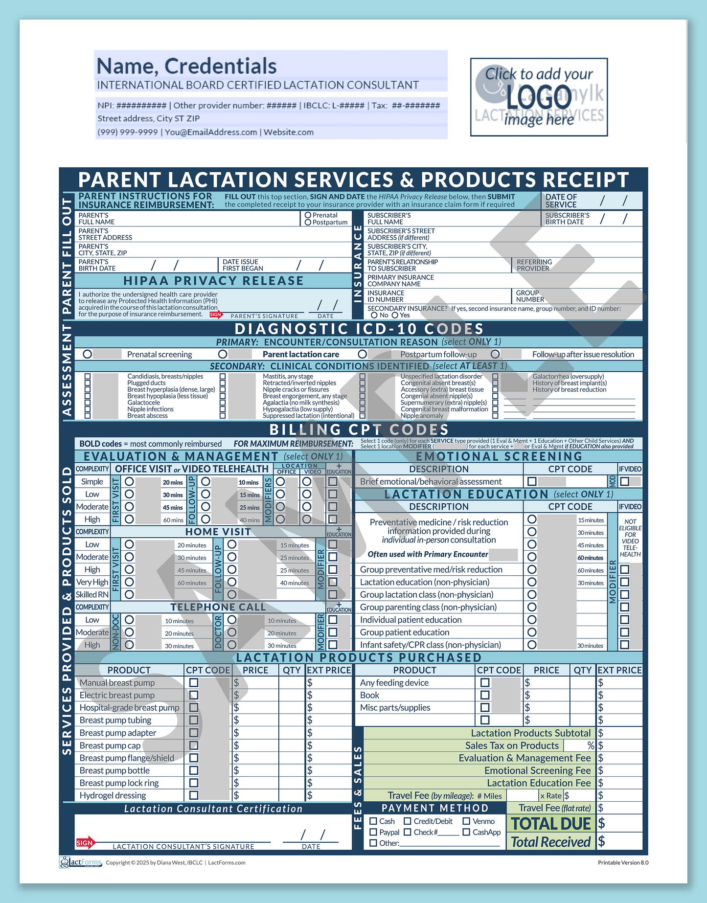 Parent Superbill—OfficePrintable, HeaderLogo before editing, Blue, V8.0