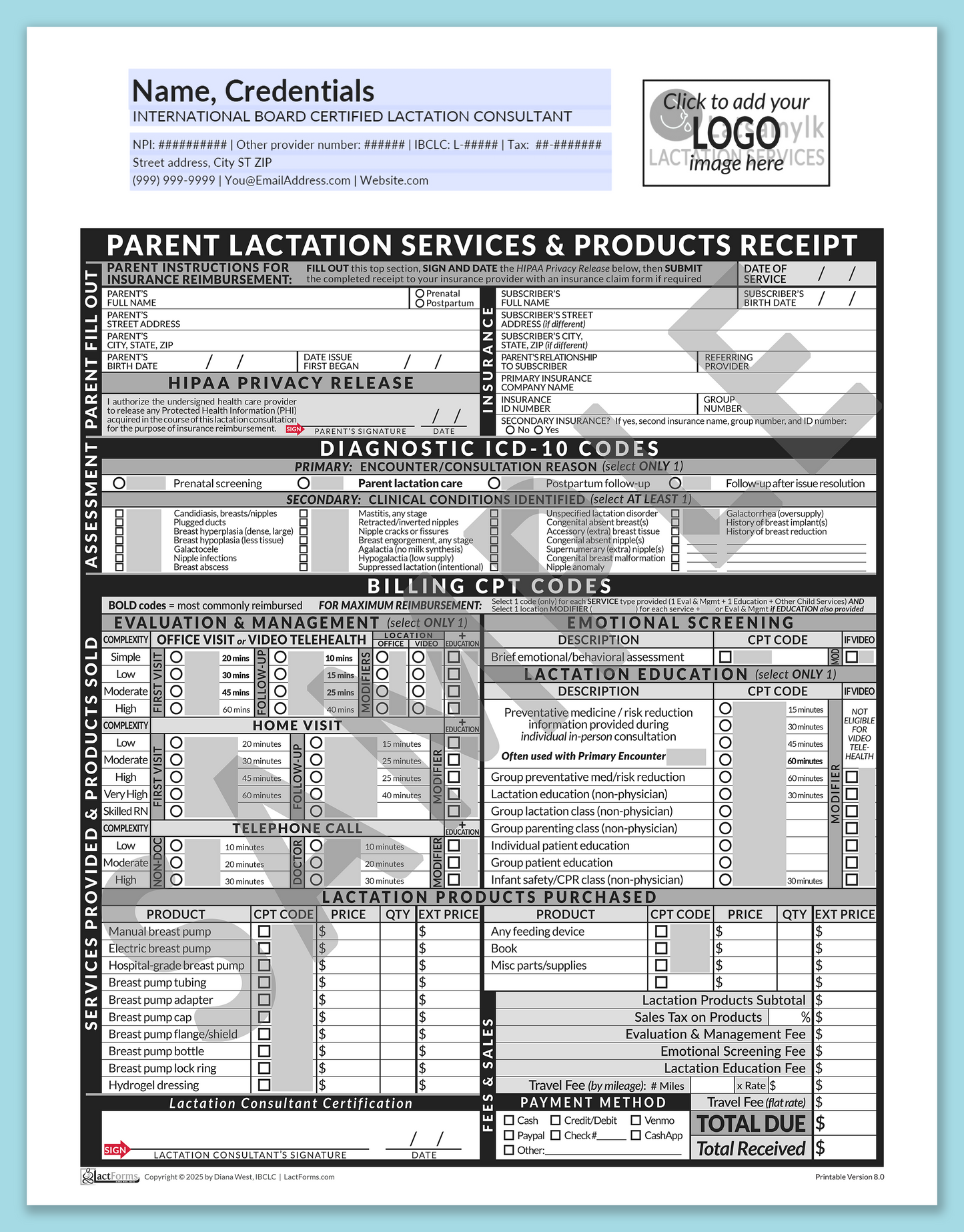 Parent Superbill—OfficePrintable, HeaderLogo before editing, Grey, V8.0