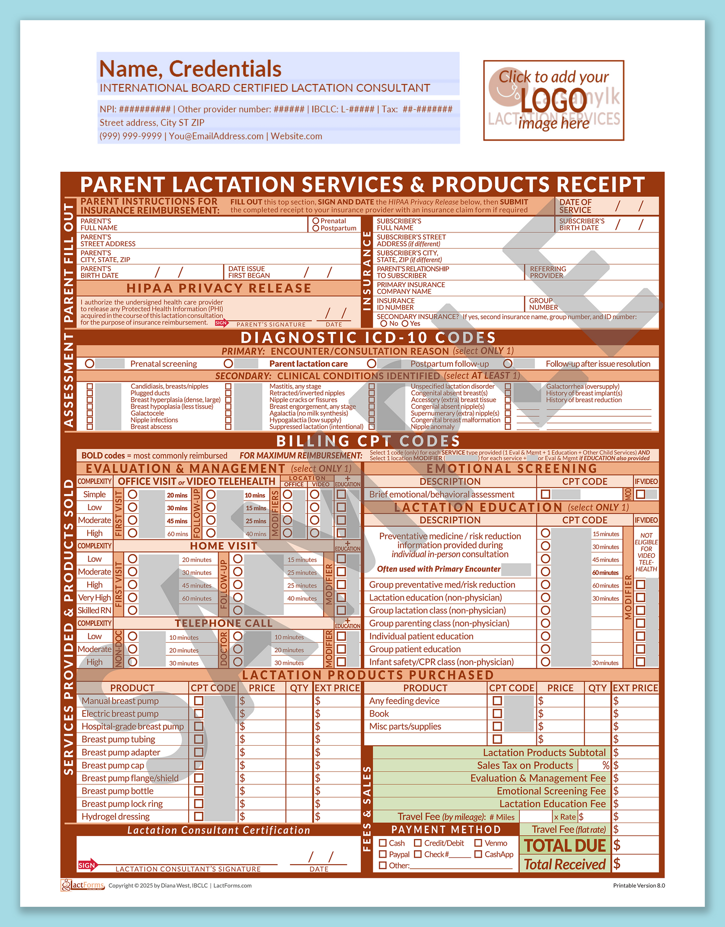 Parent Superbill—OfficePrintable, HeaderLogo before editing, Orange, V8.0
