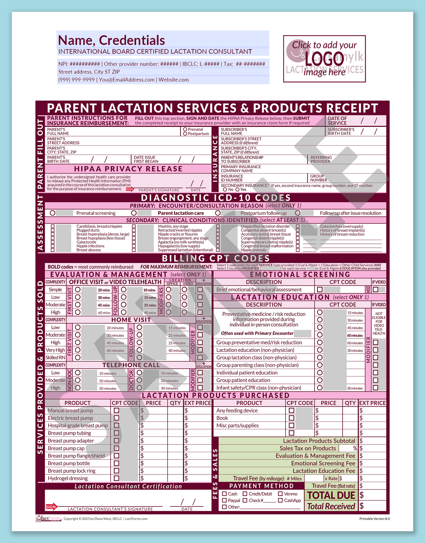 Parent Superbill—OfficePrintable, HeaderLogo before editing, Pink, V8.0