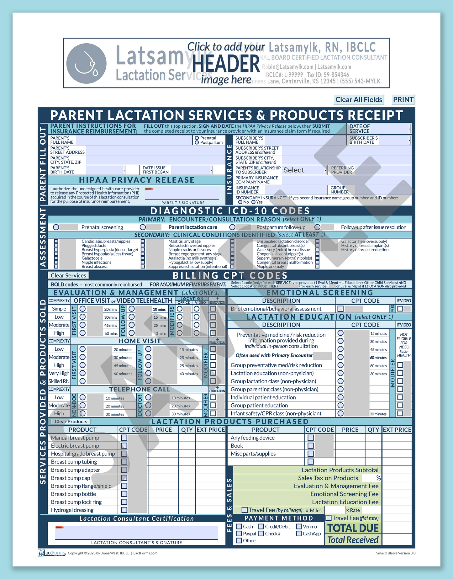 Parent Superbill—SmartFillable, HeaderBox before editing, Blue, V8.0