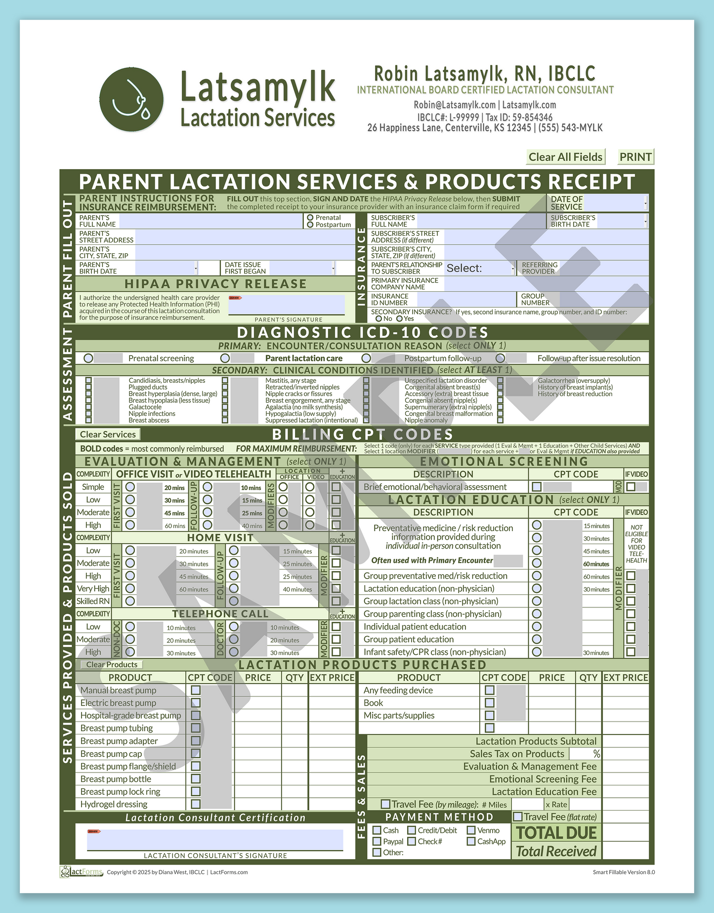 Parent Superbill—SmartFillable, HeaderBox after editing, Green, V8.0