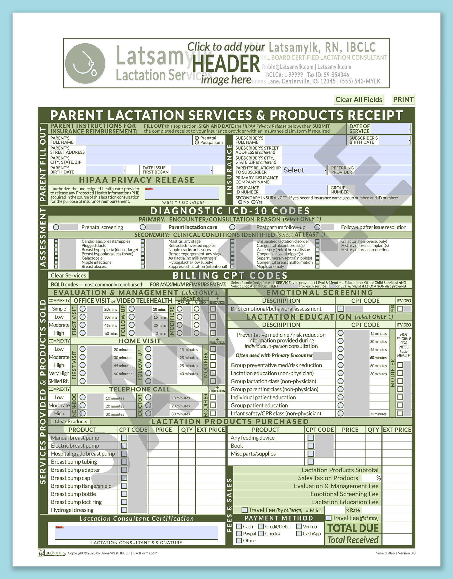 Parent Superbill—SmartFillable, HeaderBox before editing, Green, V8.0