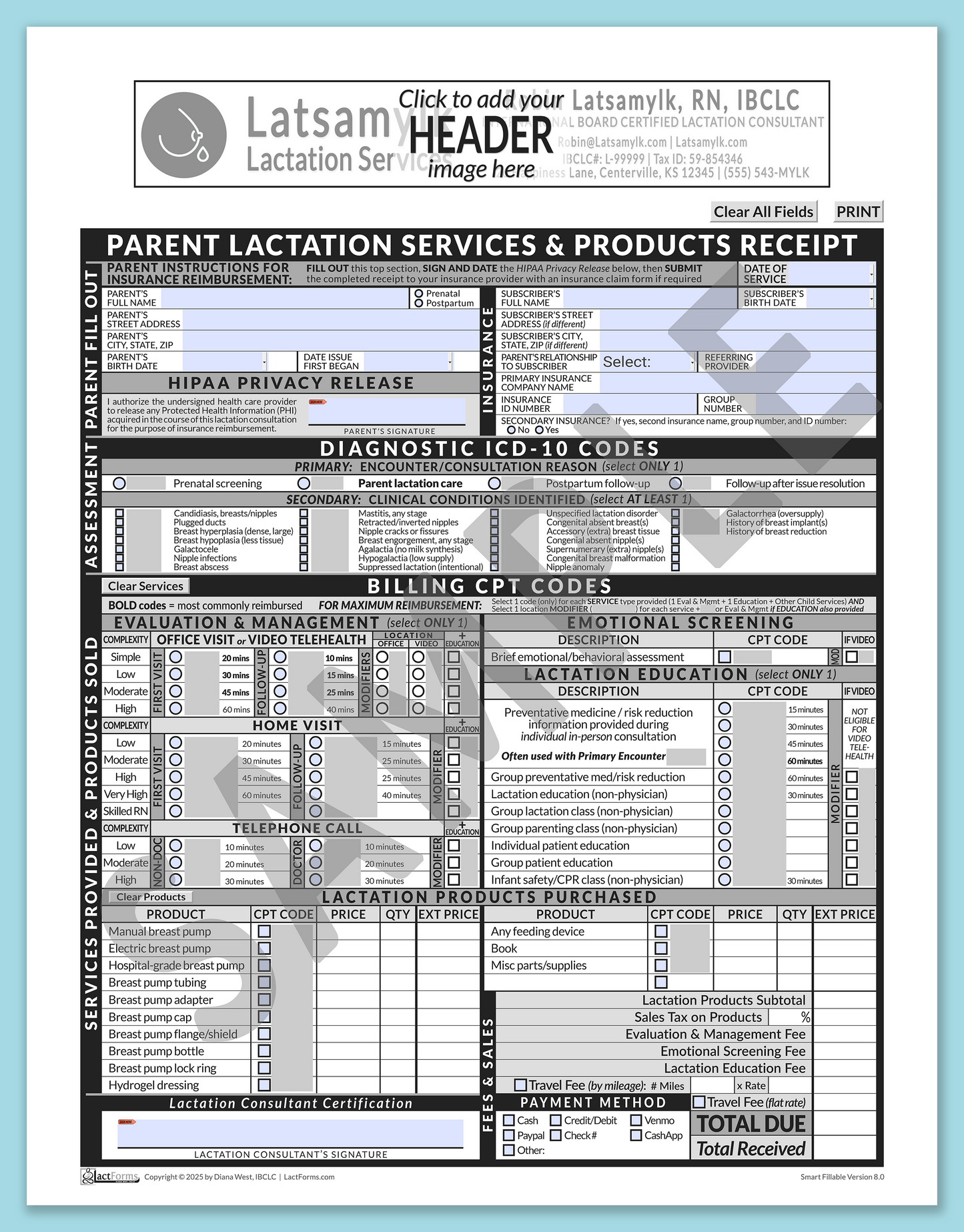 Parent Superbill—SmartFillable, HeaderBox before editing, Grey, V8.0