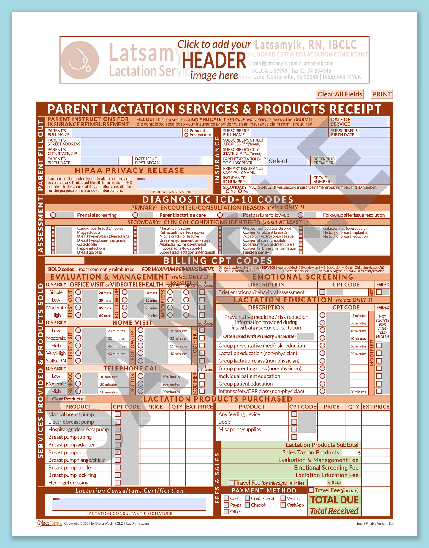 Parent Superbill—SmartFillable, HeaderBox before editing, Orange, V8.0