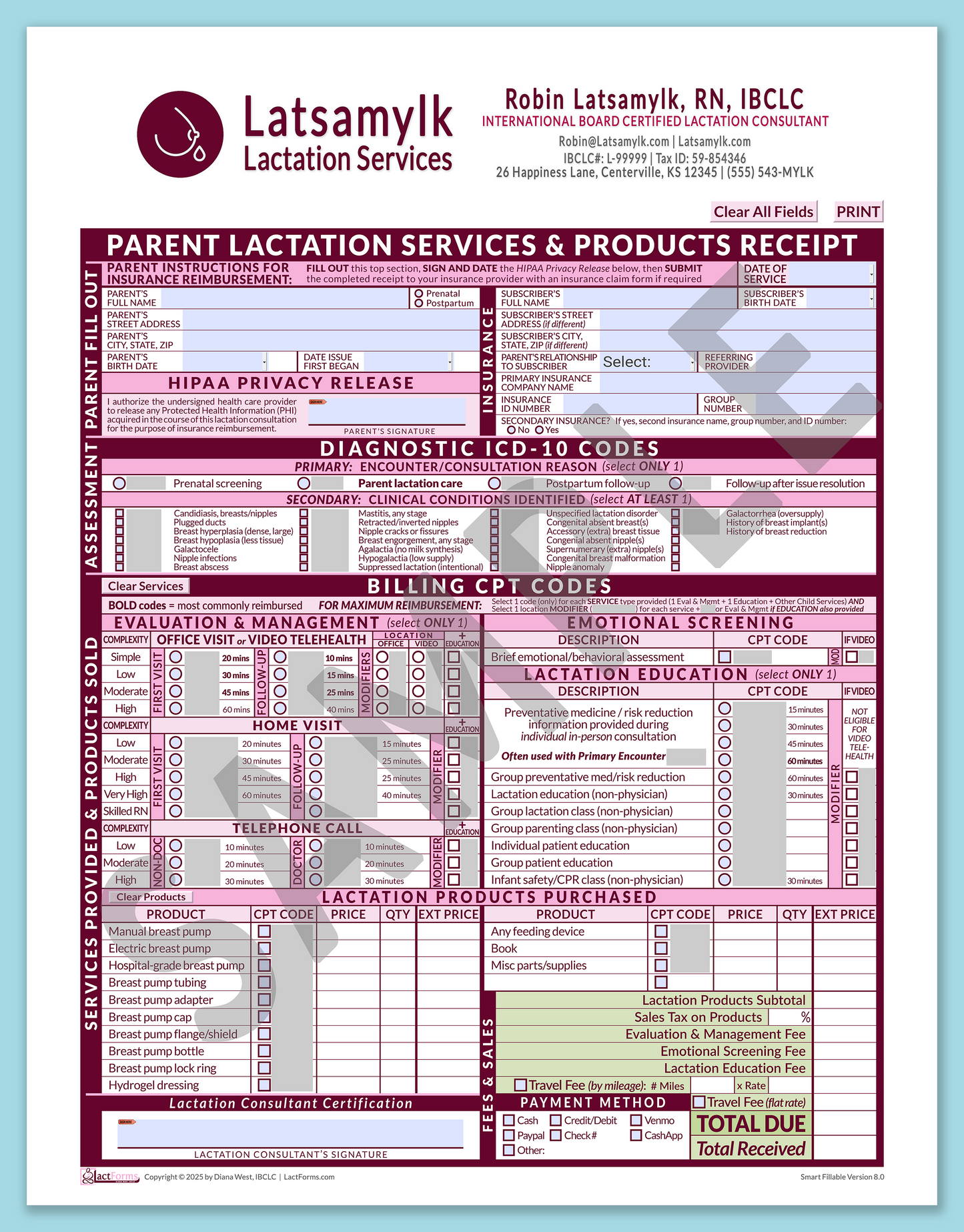Parent Superbill—SmartFillable, HeaderBox after editing, Pink, V8.0