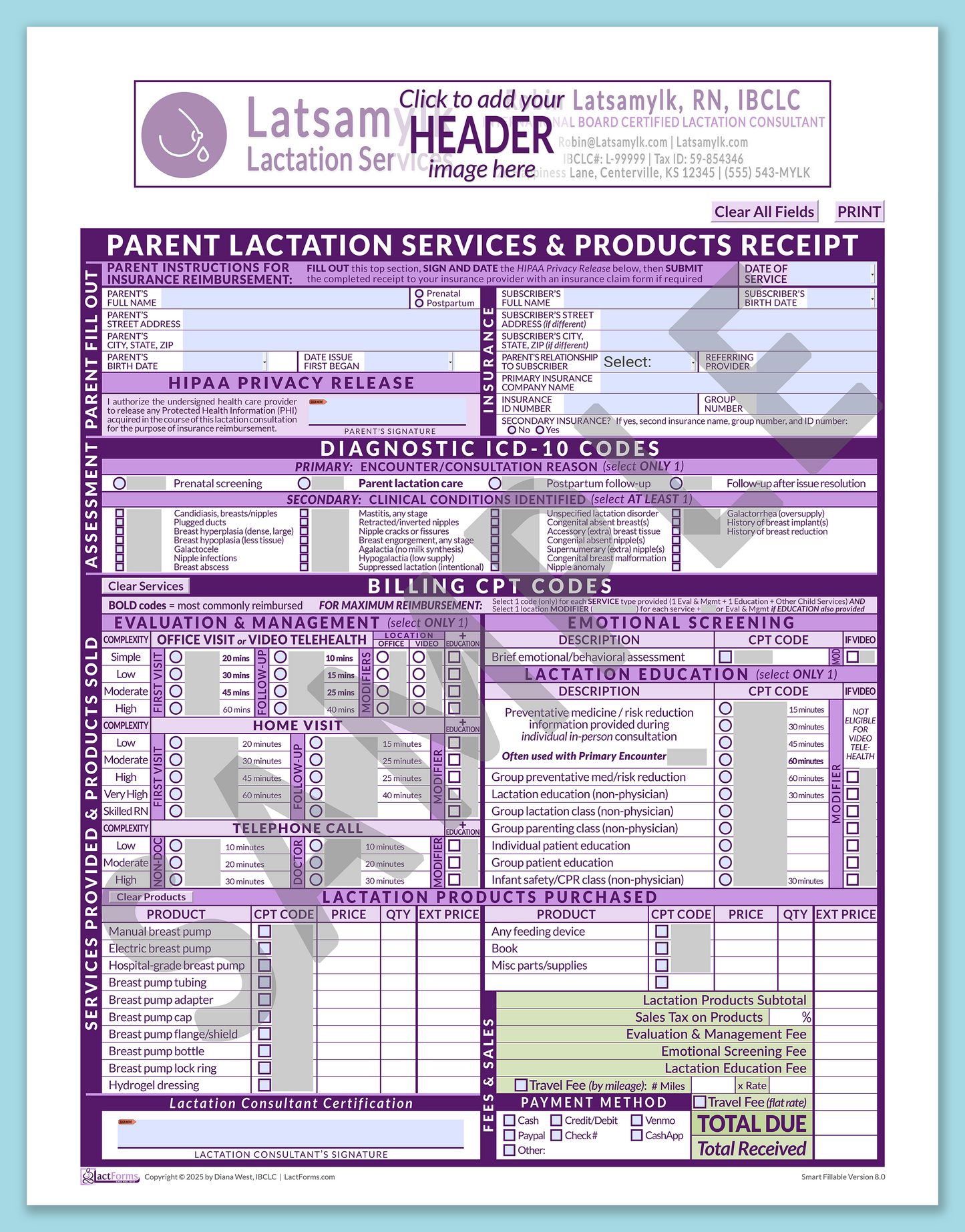 Parent Superbill—SmartFillable, HeaderBox before editing, Purple, V8.0