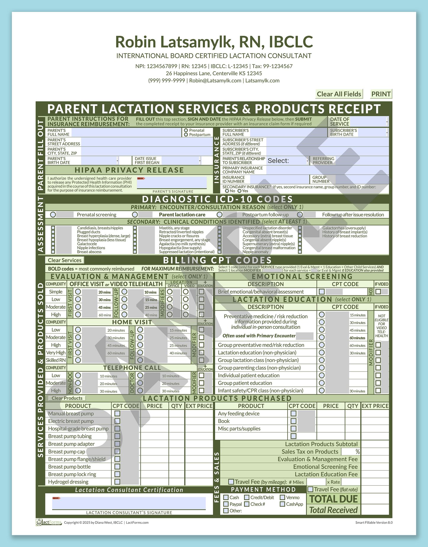 Parent Superbill—SmartFillable, HeaderCenter after editing, Green, V8.0
