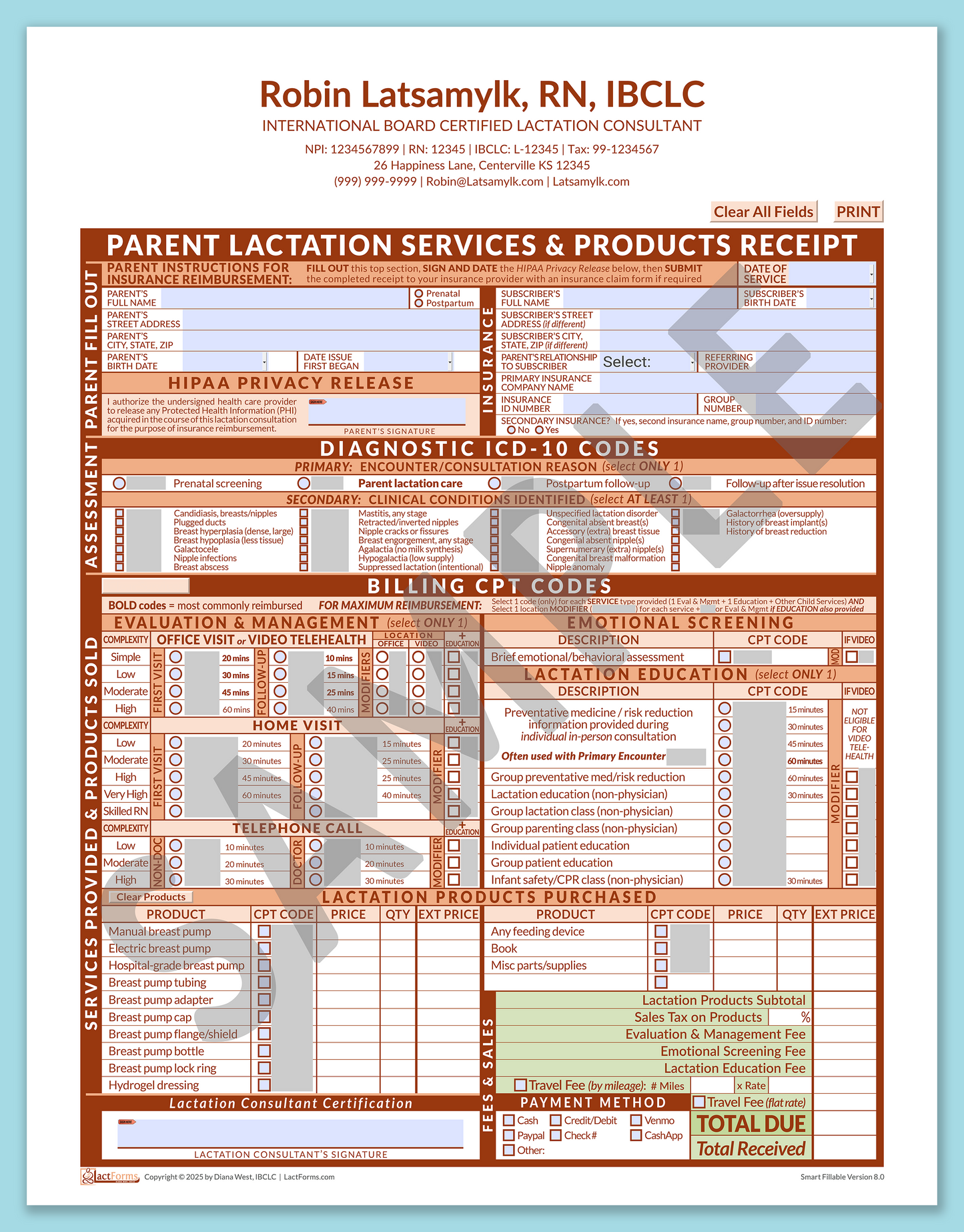 Parent Superbill—SmartFillable, HeaderCenter after editing, Orange, V8.0