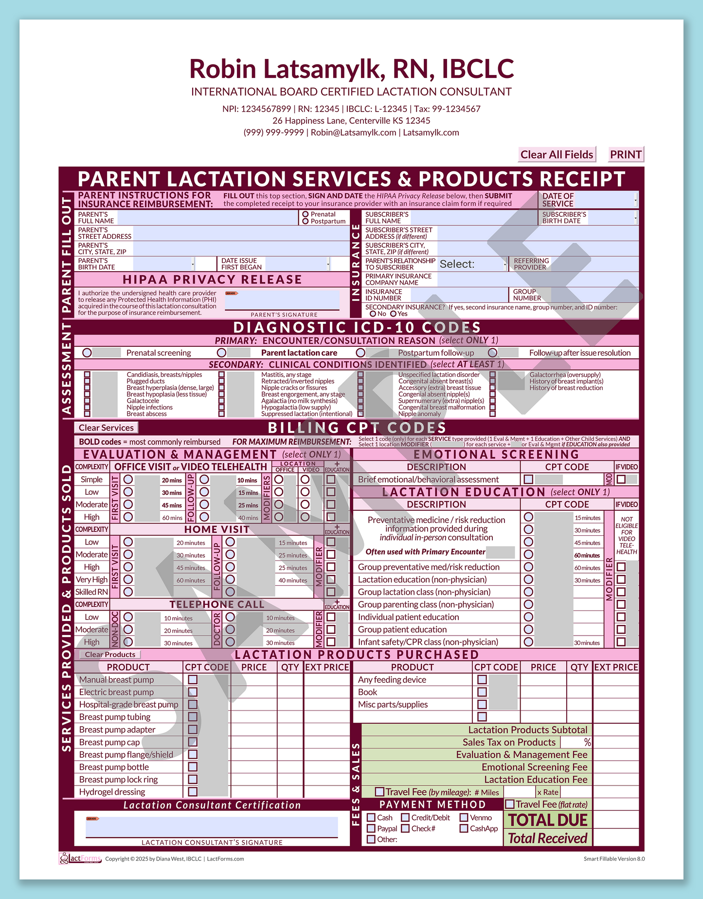 Parent Superbill—SmartFillable, HeaderCenter after editing, Pink, V8.0