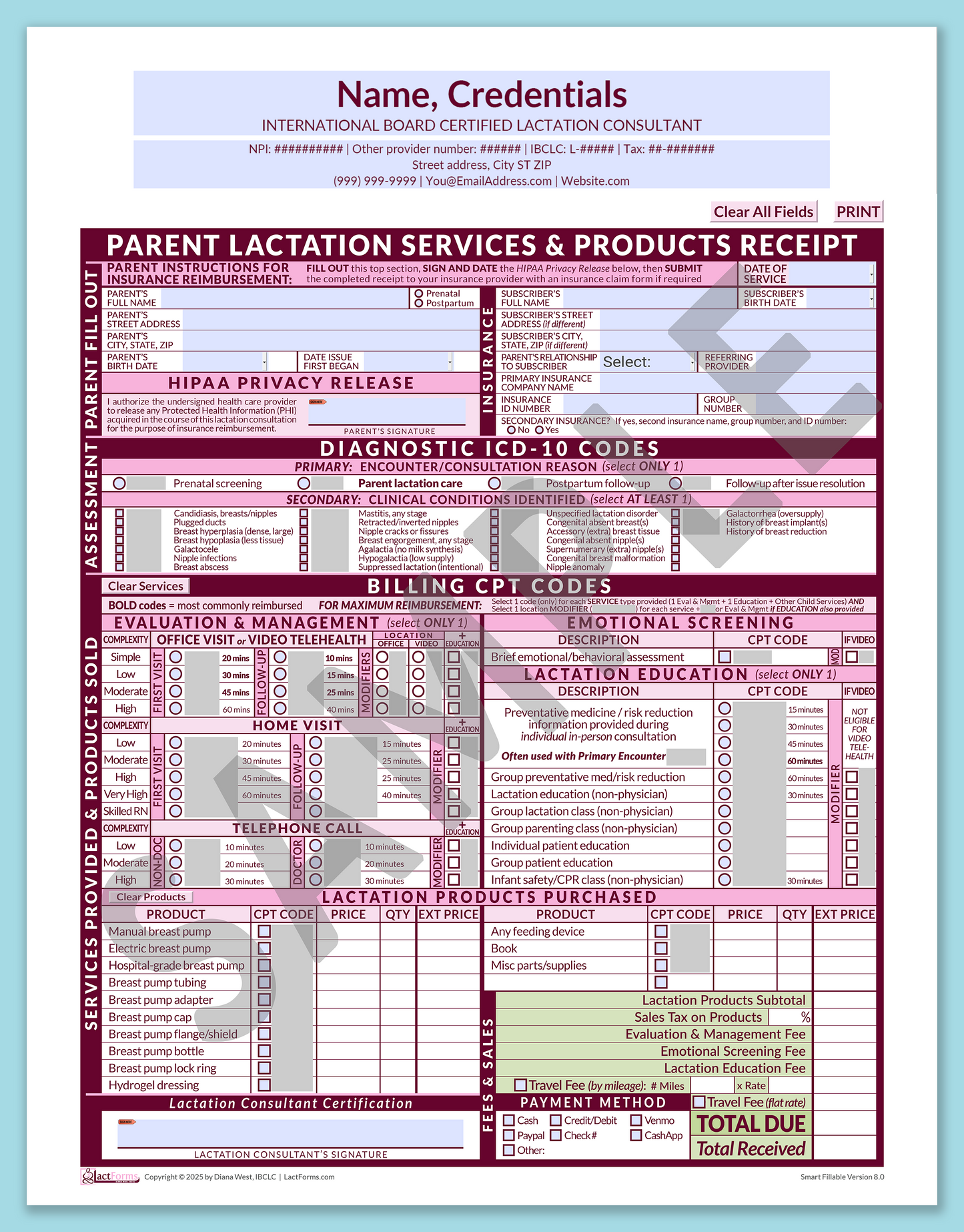 Parent Superbill—SmartFillable, HeaderCenter before editing, Pink, V8.0