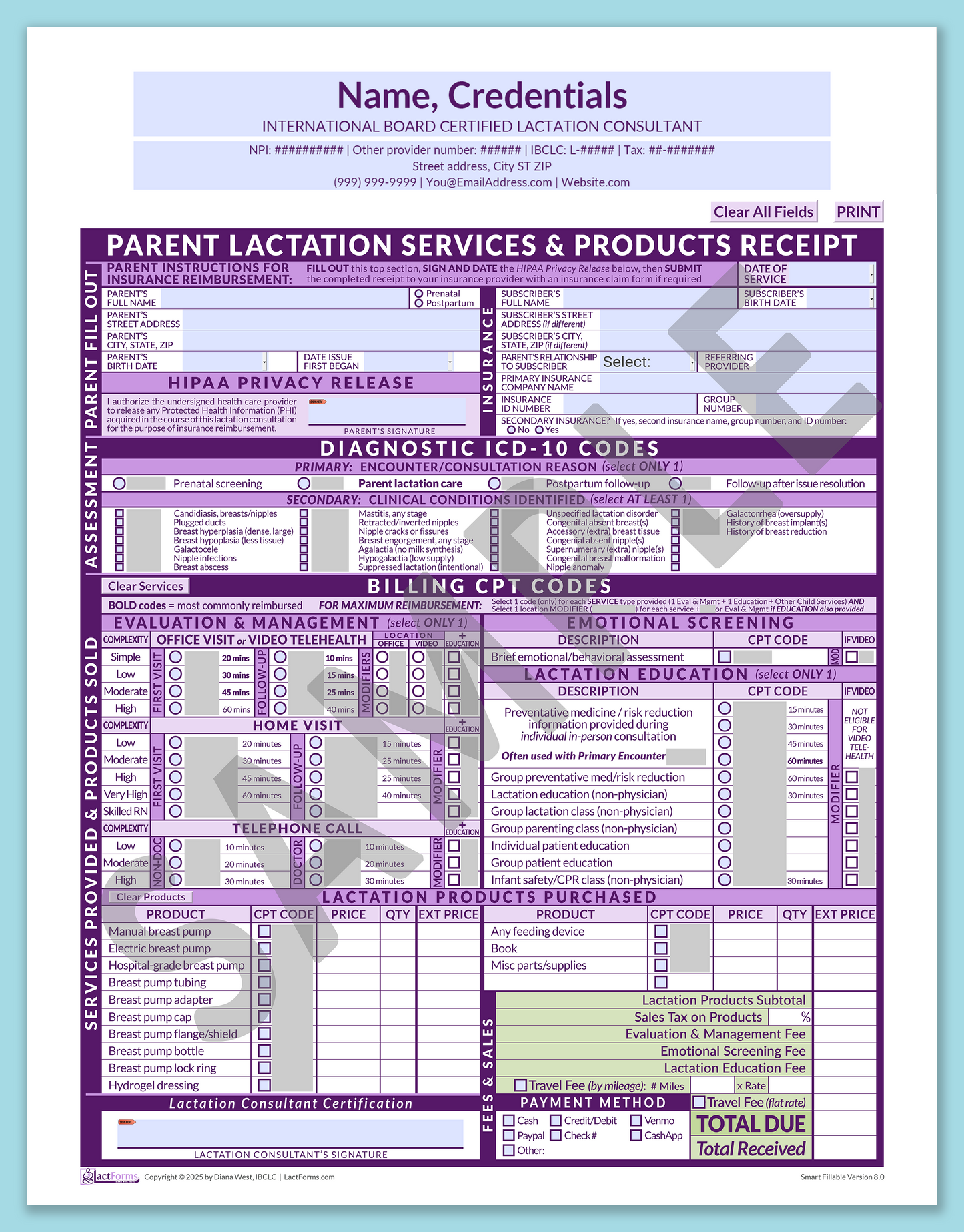 Parent Superbill—SmartFillable, HeaderCenter before editing, Purple, V8.0