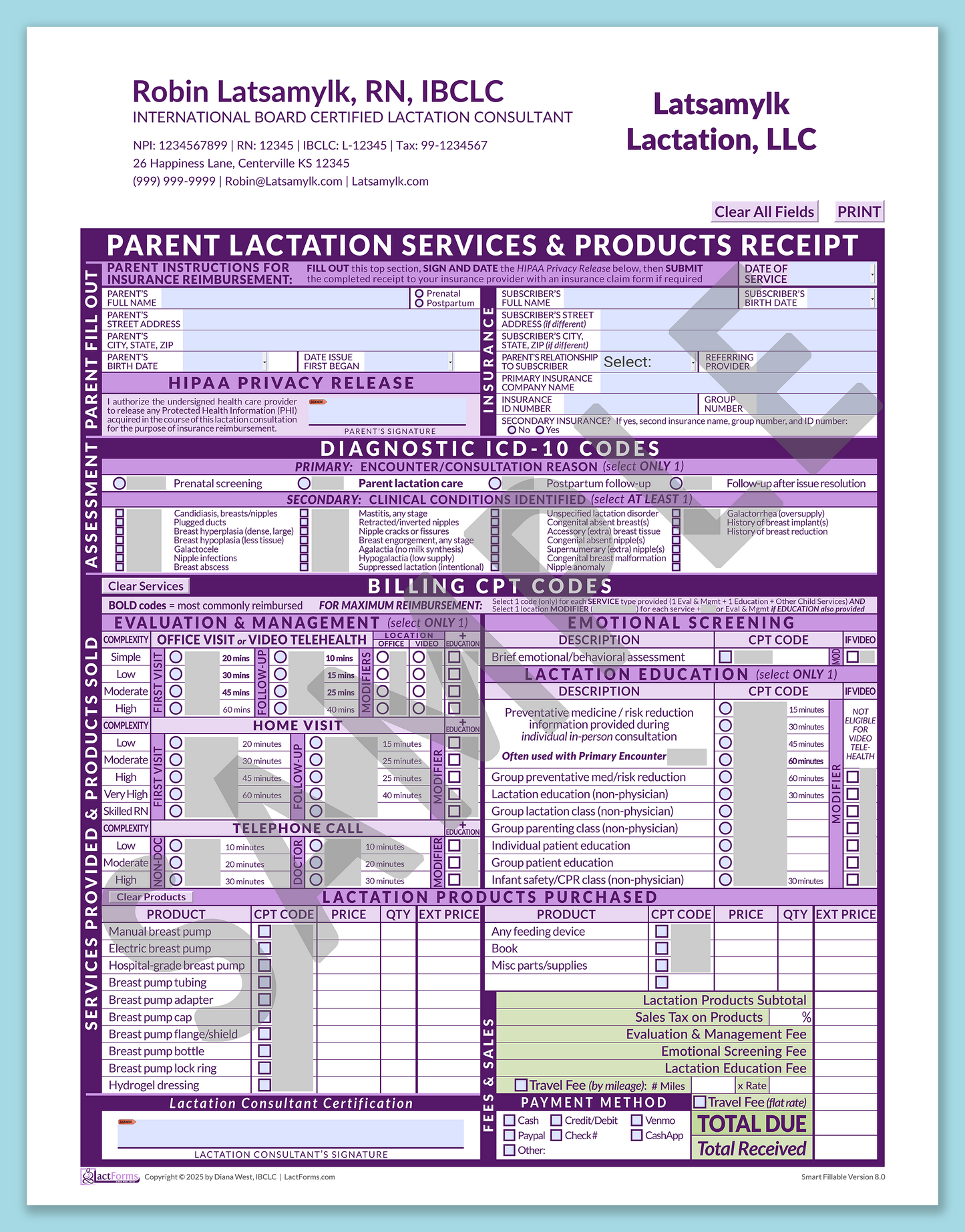 Parent Superbill—SmartFillable, HeaderCompany after editing, Purple, V8.0