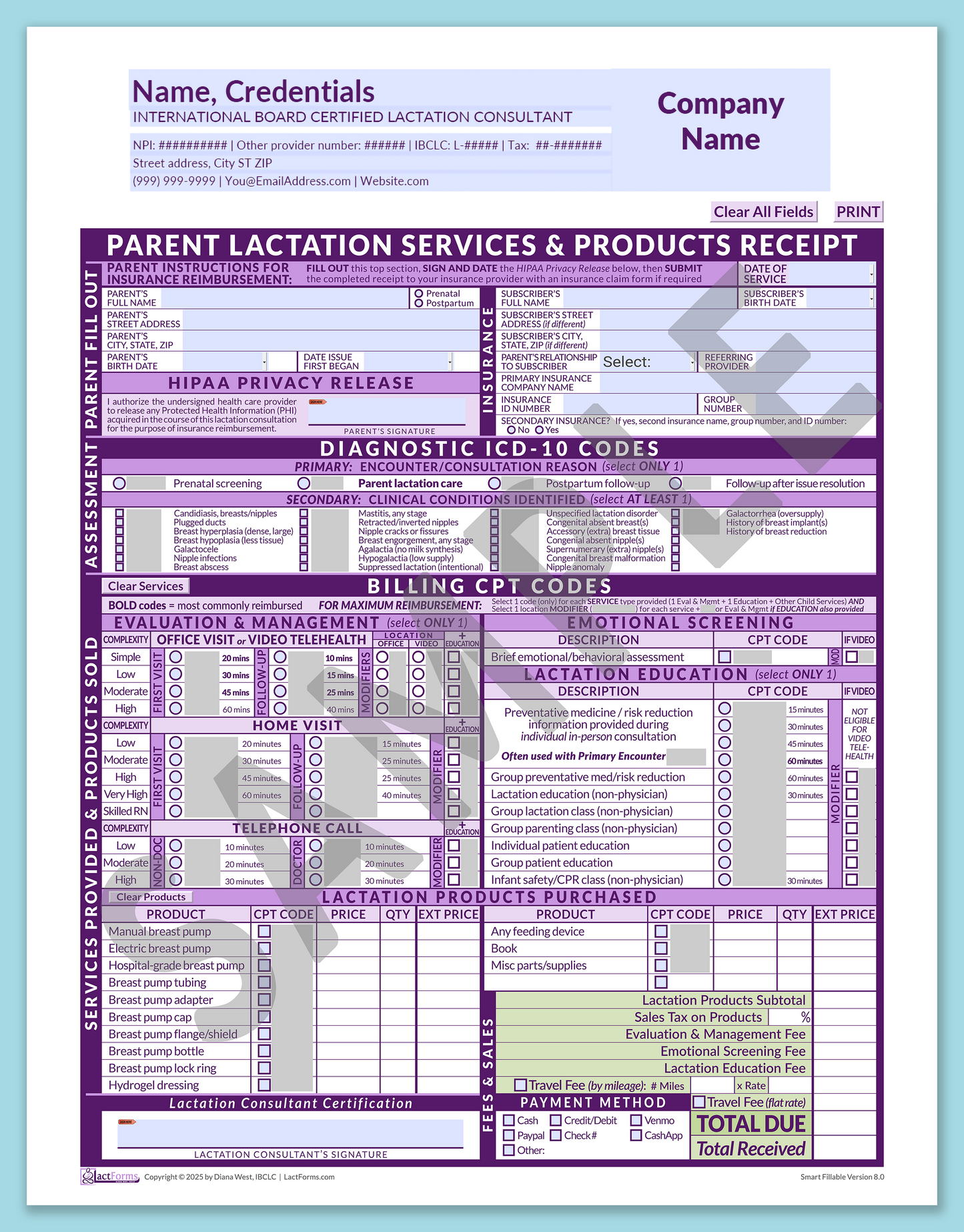 Parent Superbill—SmartFillable, HeaderCompany before editing, Purple, V8.0