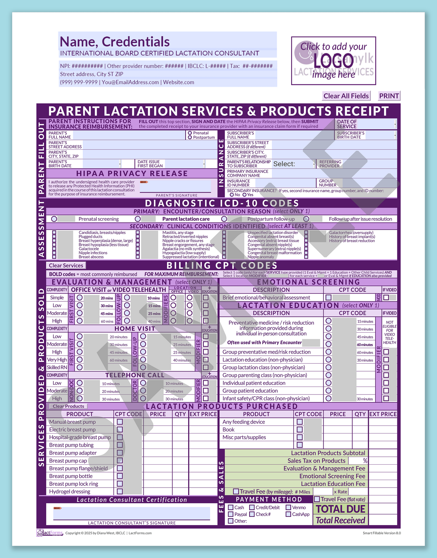 Parent Superbill—SmartFillable, HeaderLogo before editing, Purple, V8.0