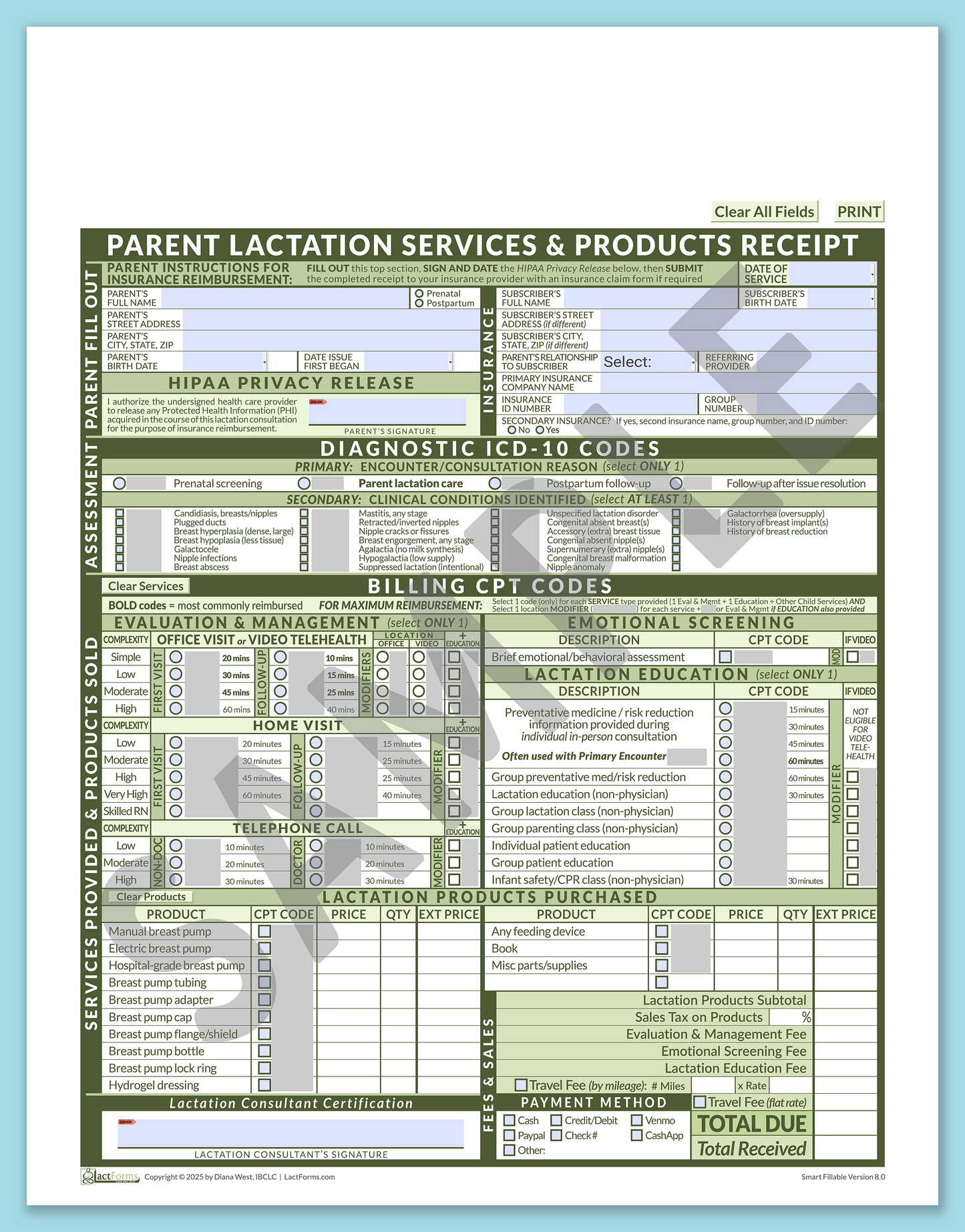Parent Superbill—SmartFillable, HeaderNone, Green, V8.0