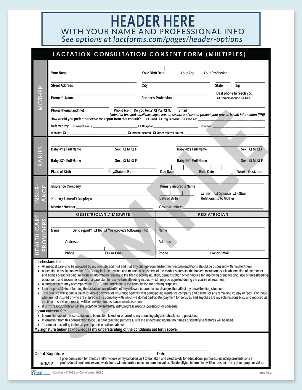 Sample printable US Consent form for multiples with insurance V3.3