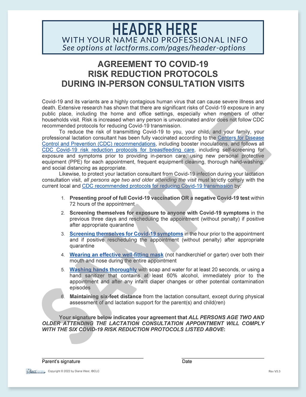 Sample printable COVID Agreement form V3.3