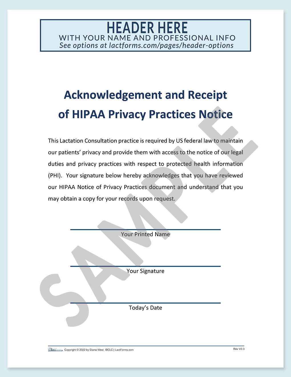 Sample printable HIPAA Agreement form V3.3