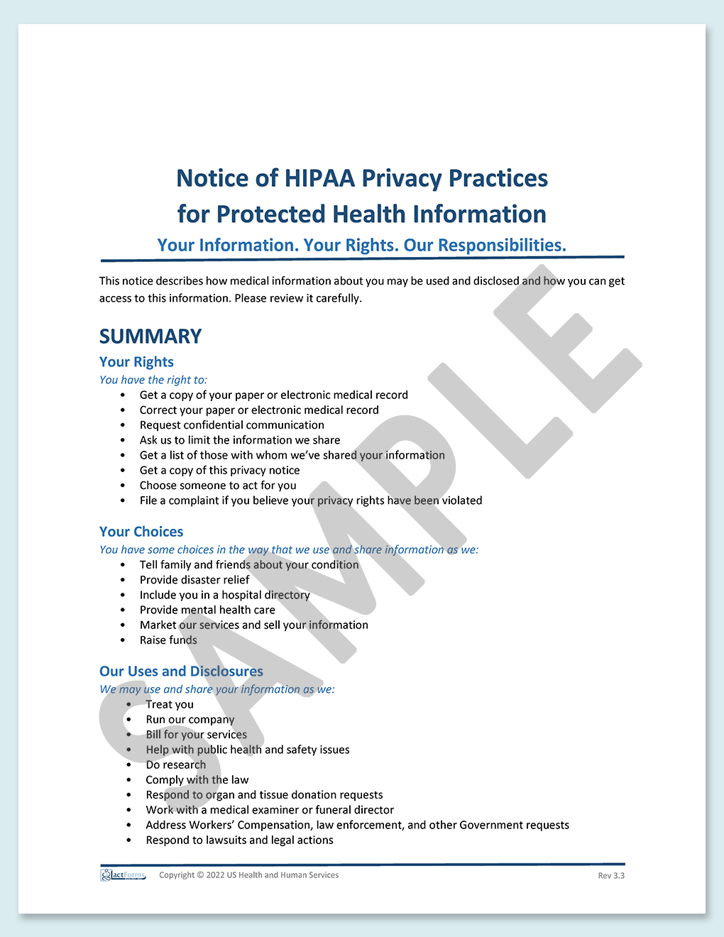 Sample printable HIPAA Policy Notice without header V3.3