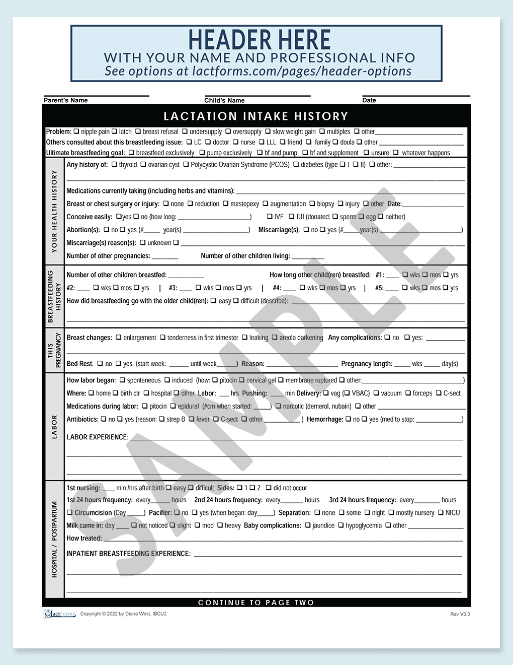 Sample printable History form page one V3.3