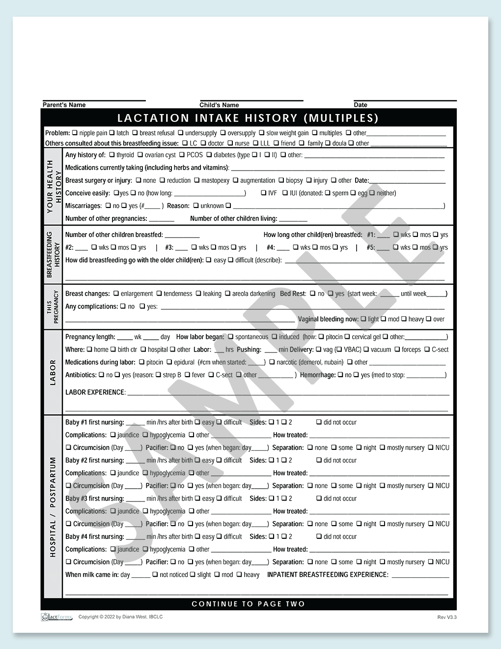Sample printable History form for multiples page one without header V3.3