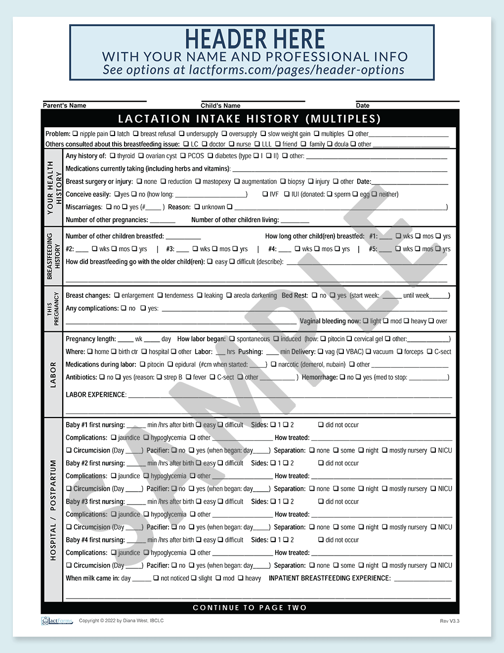 Sample printable History form for multiples page one V3.3