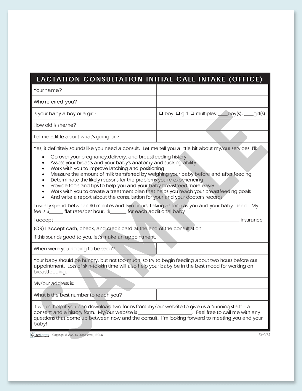 Sample printable Intake for office visit form without header V3.3