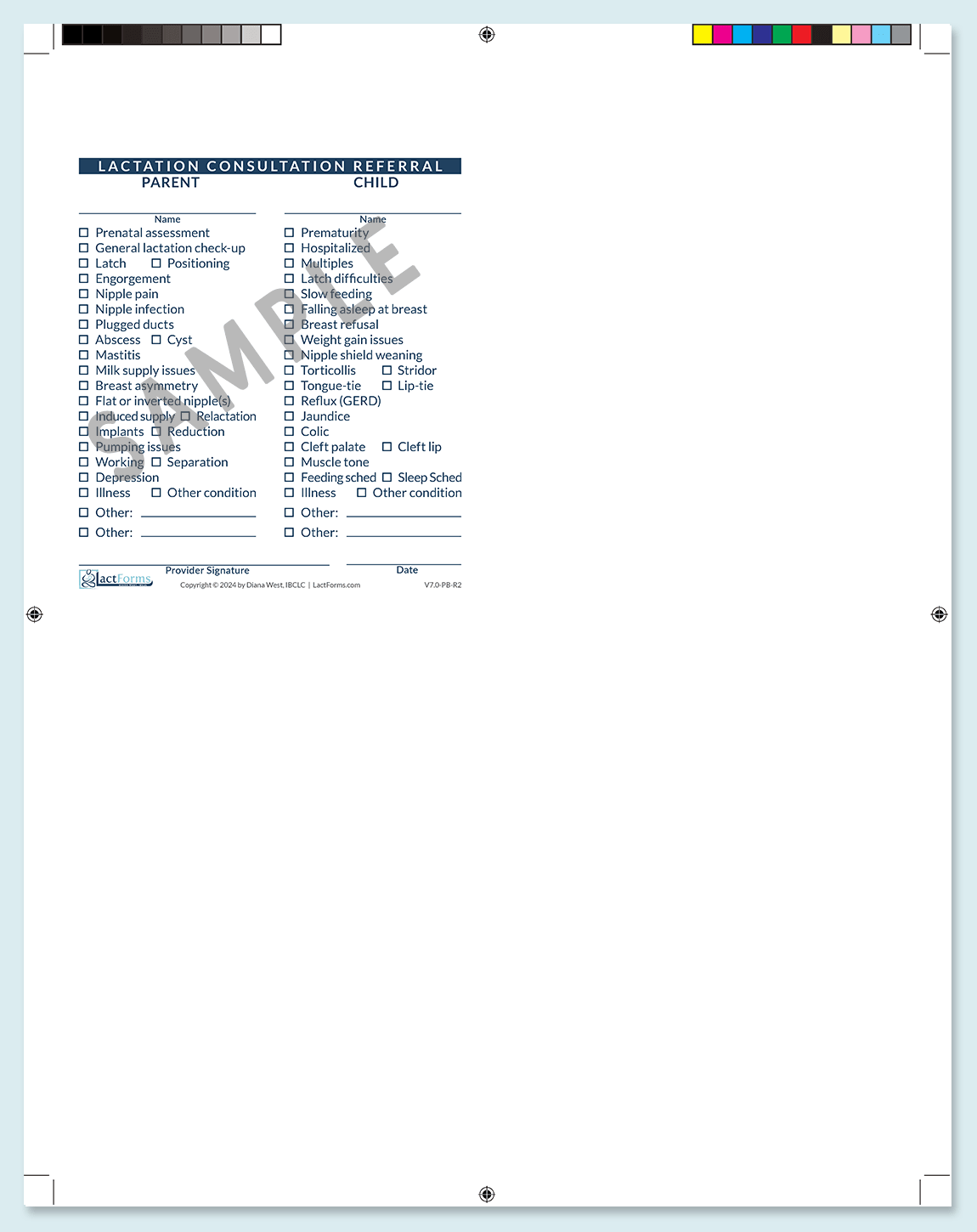 Sample printable Referral Script without header one per page with printer's marks blue V7.02