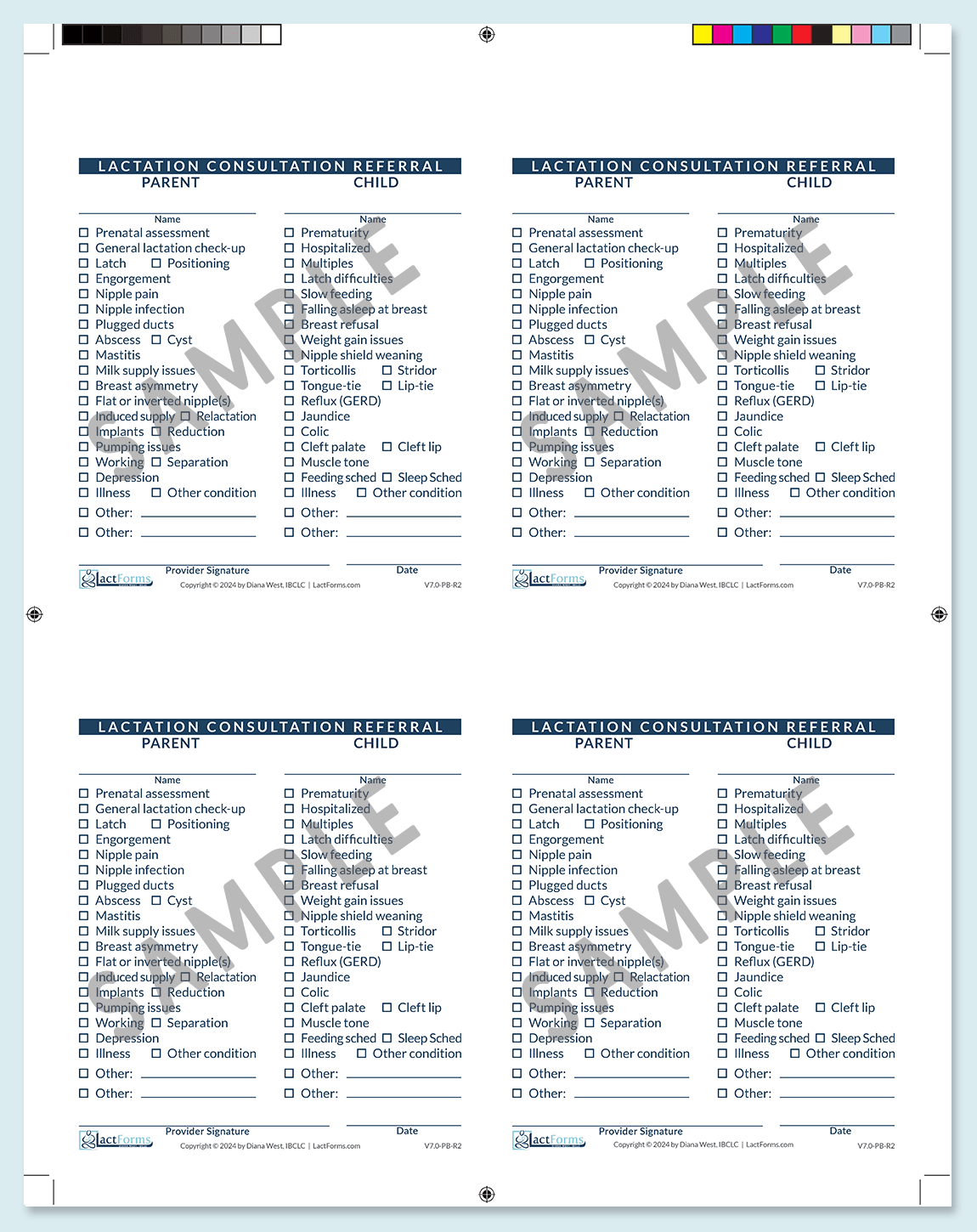 Sample printable Referral Script without header four per page with printer's marks blue V7.02