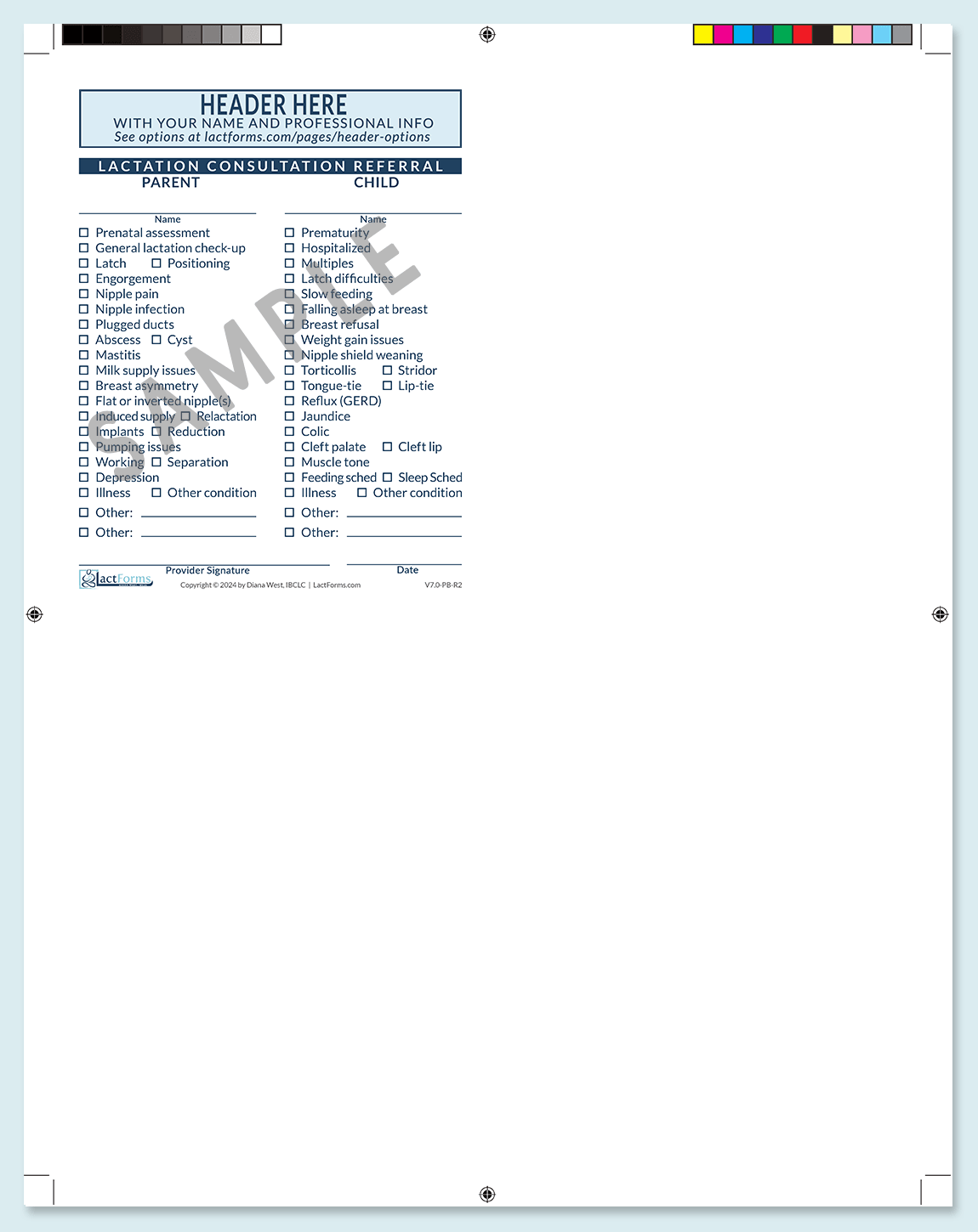 Sample printable Referral Script with header one per page with printer's marks blue V7.02