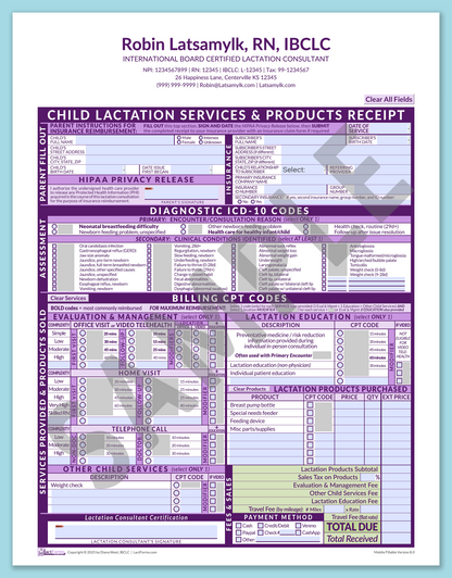 LactForms Child Superbill V8.0 MobileFillable HeaderCenter Purple-Redacted sample-After editing header