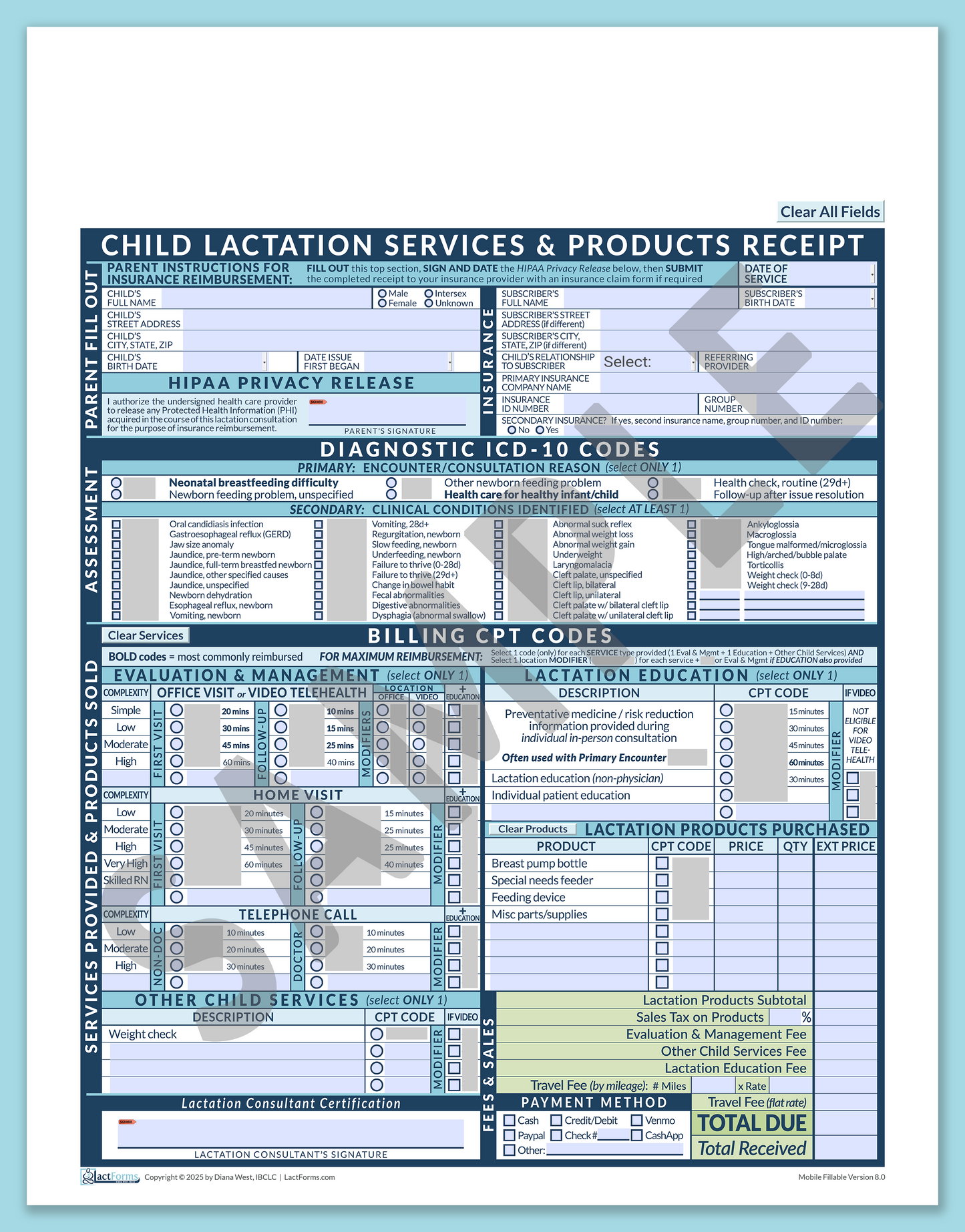 LactForms Child Superbill V8.0 MobileFillable HeaderNone Blue-Redacted sample