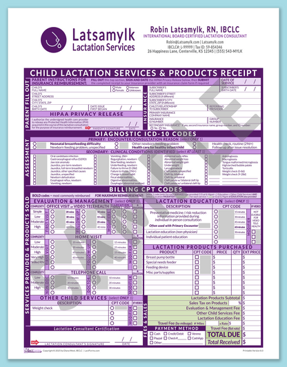 LactForms Child Superbill V8.0 OfficePrintable HeaderBox Purple-Redacted sample-After editing header