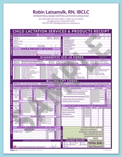 LactForms Child Superbill V8.0 OfficePrintable HeaderCenter Purple-Redacted sample-After editing header
