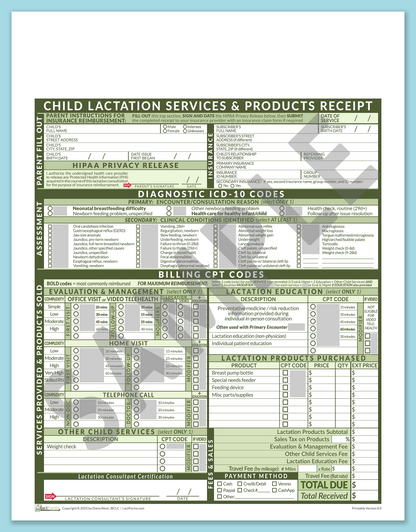 LactForms Child Superbill V8.0 OfficePrintable HeaderNone Green-Redacted sample