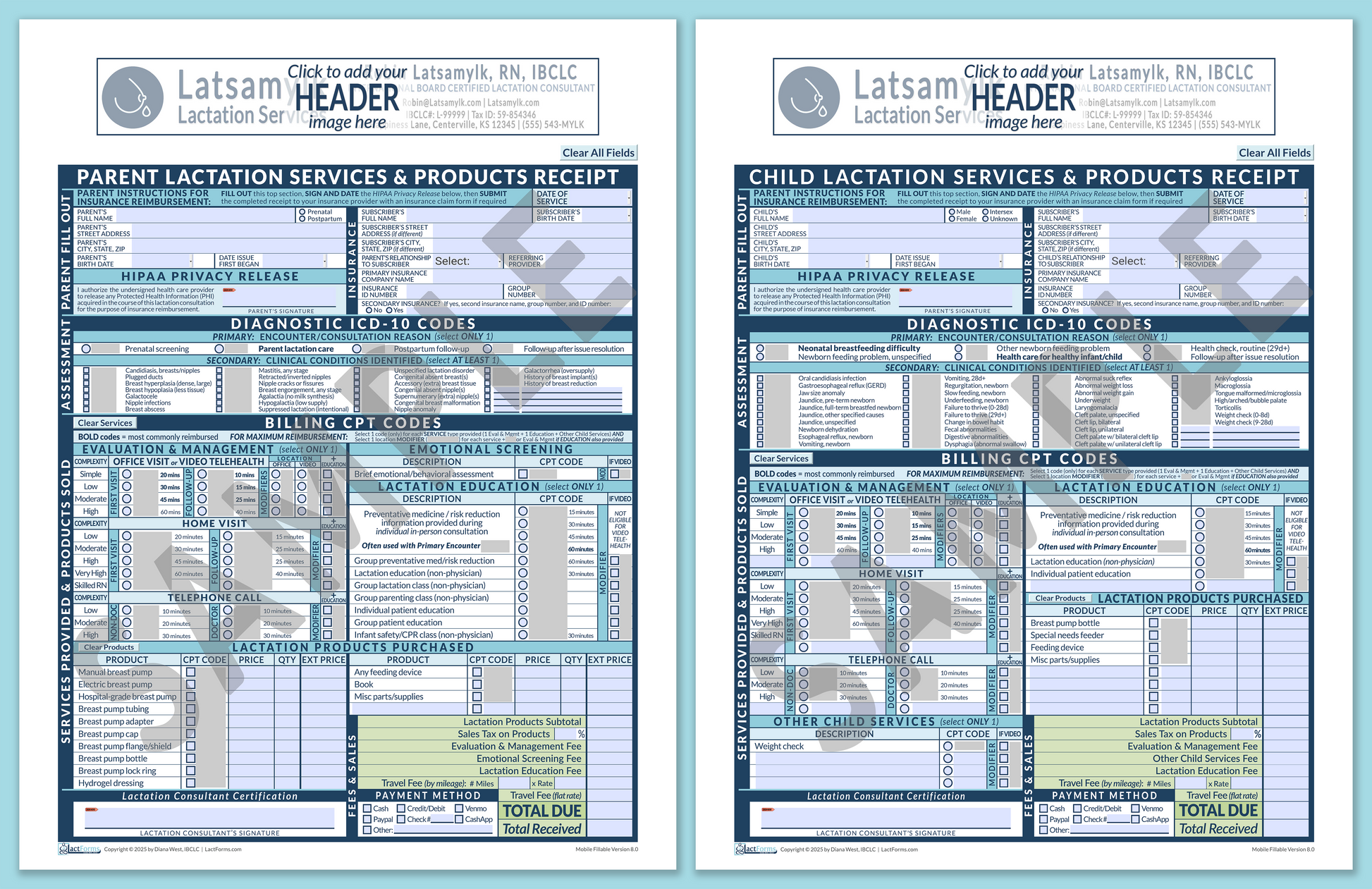 LactForms Superbills Package V8.0 MobileFillable HeaderBox Blue-Redacted sample-Before editing header