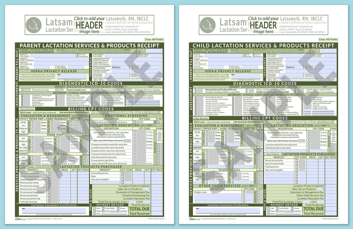 LactForms Superbills Package V8.0 MobileFillable HeaderBox Green-Redacted sample-Before editing header