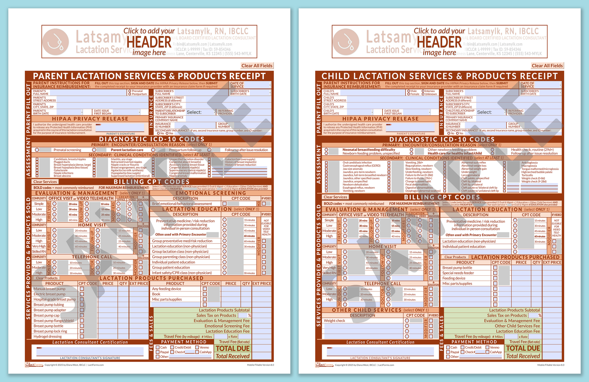 LactForms Superbills Package V8.0 MobileFillable HeaderBox Orange-Redacted sample-Before editing header