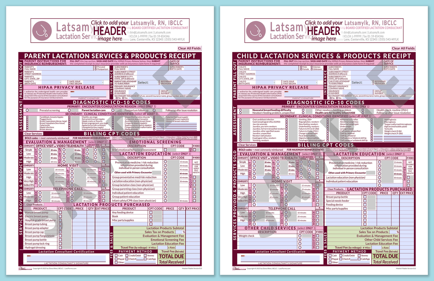 LactForms Superbills Package V8.0 MobileFillable HeaderBox Pink-Redacted sample-Before editing header