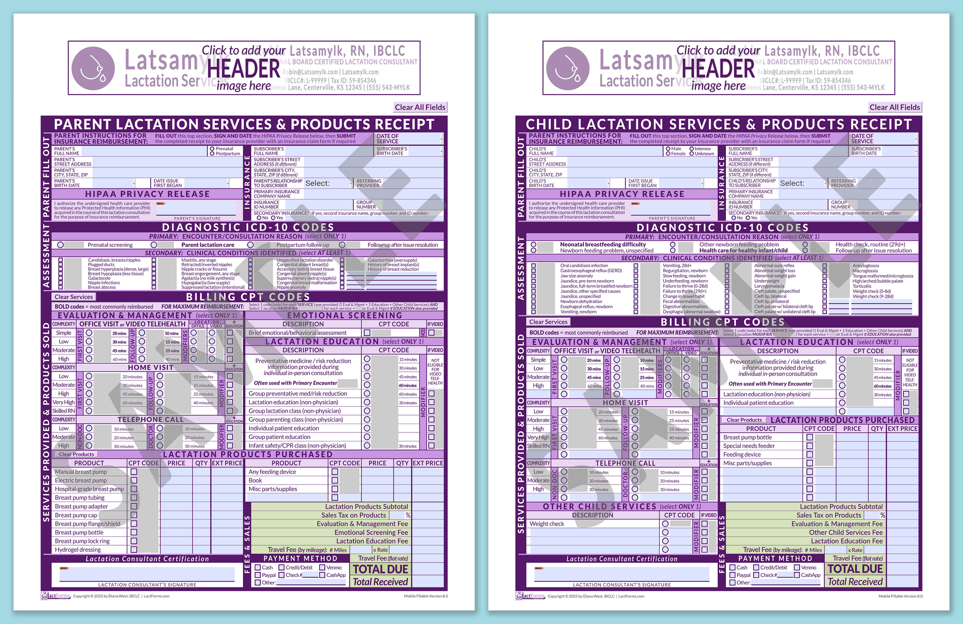 LactForms Superbills Package V8.0 MobileFillable HeaderBox Purple-Redacted sample-Before editing header