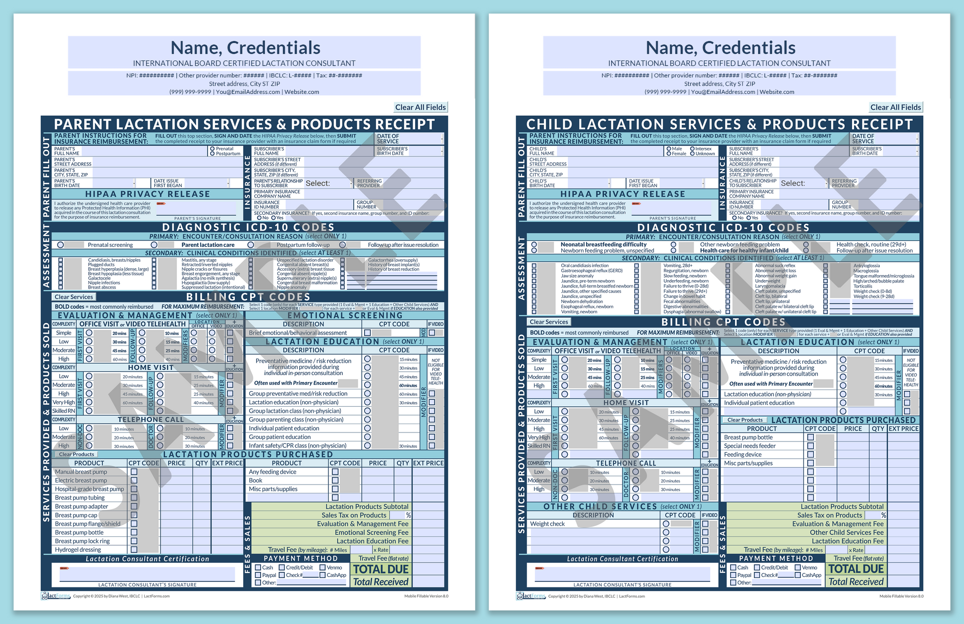 LactForms Superbills Package V8.0 MobileFillable HeaderCenter Blue-Redacted sample-Before editing header