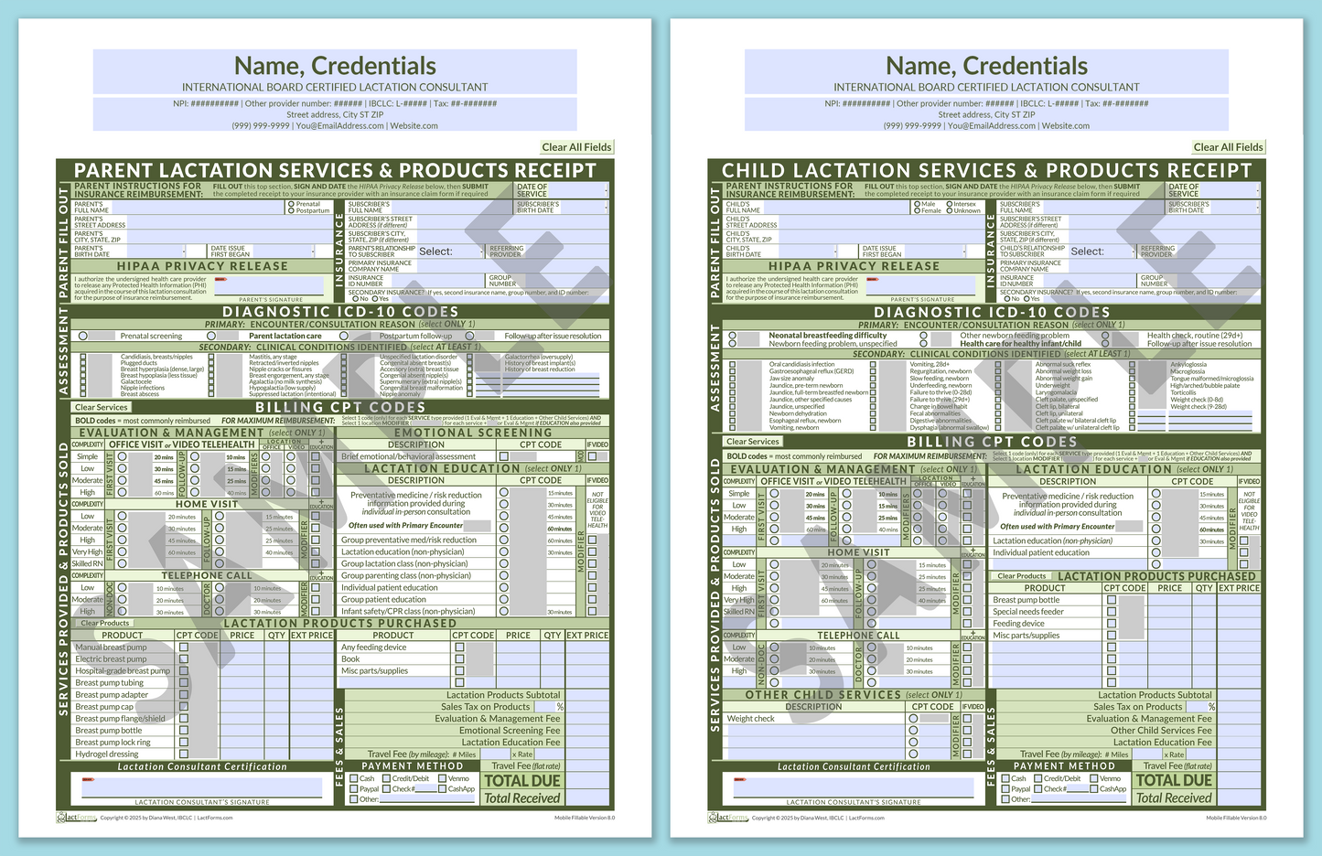 LactForms Superbills Package V8.0 MobileFillable HeaderCenter Green-Redacted sample-Before editing header