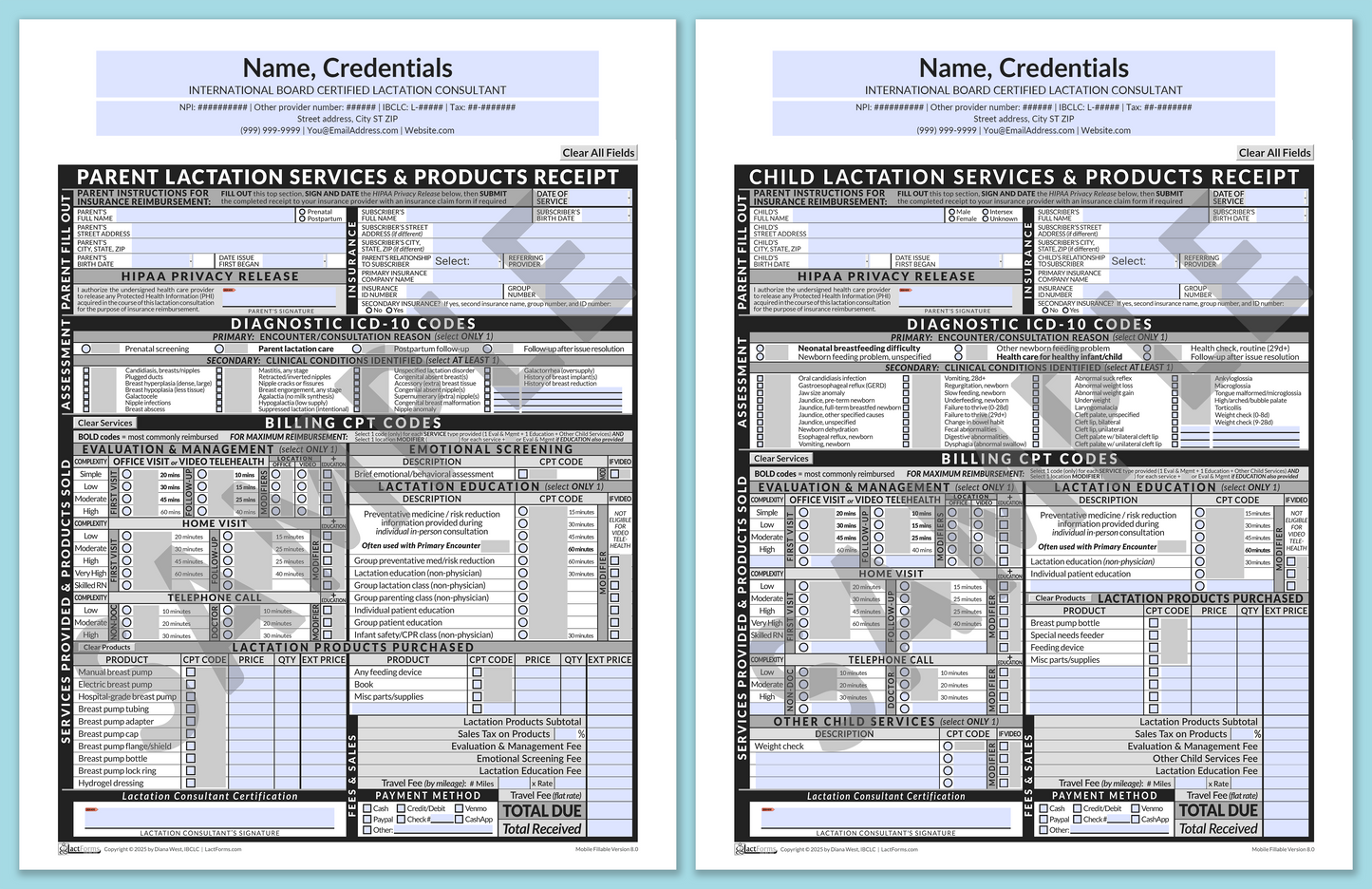 LactForms Superbills Package V8.0 MobileFillable HeaderCenter Grey-Redacted sample-Before editing header