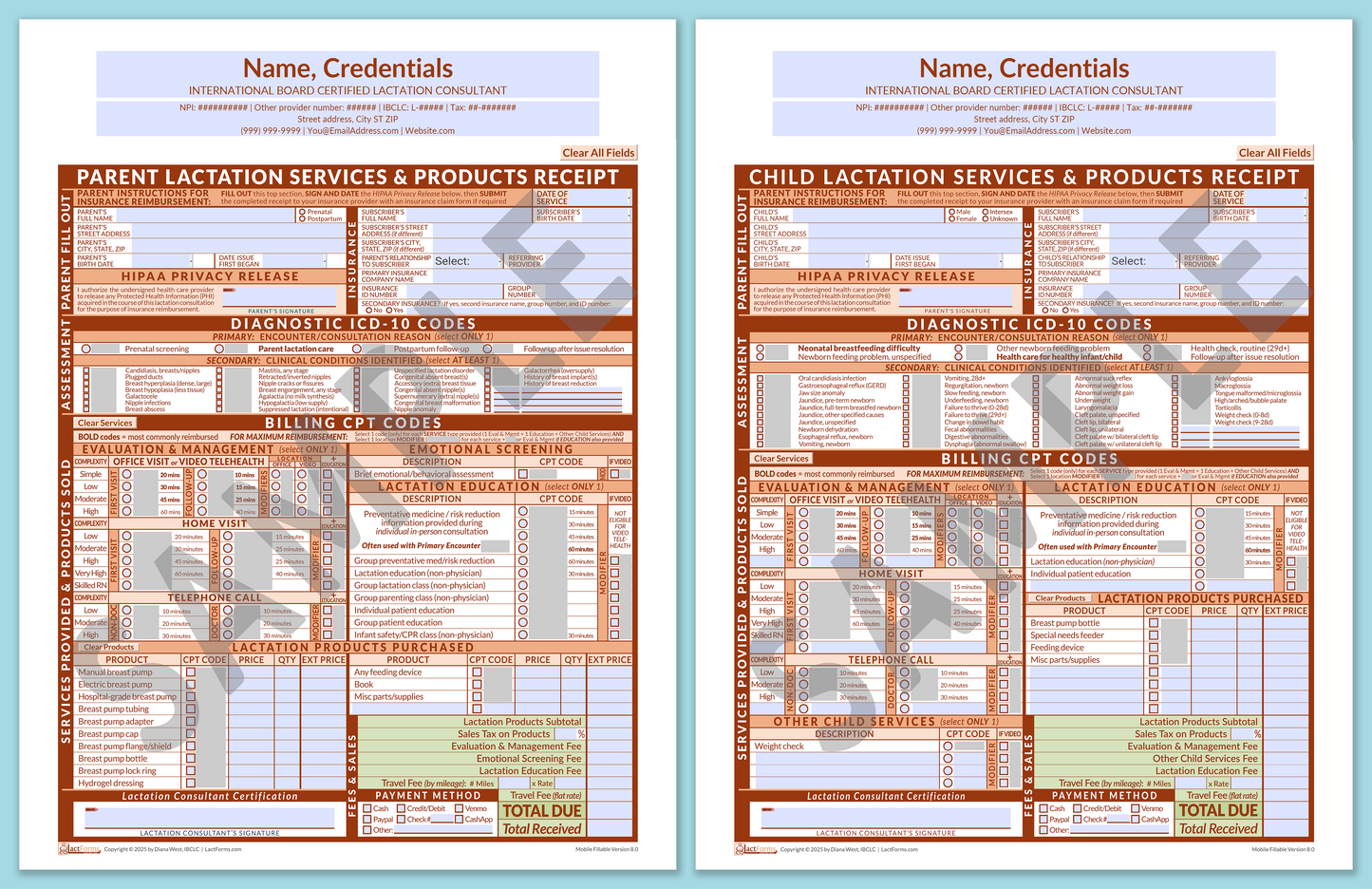 LactForms Superbills Package V8.0 MobileFillable HeaderCenter Orange-Redacted sample-Before editing header